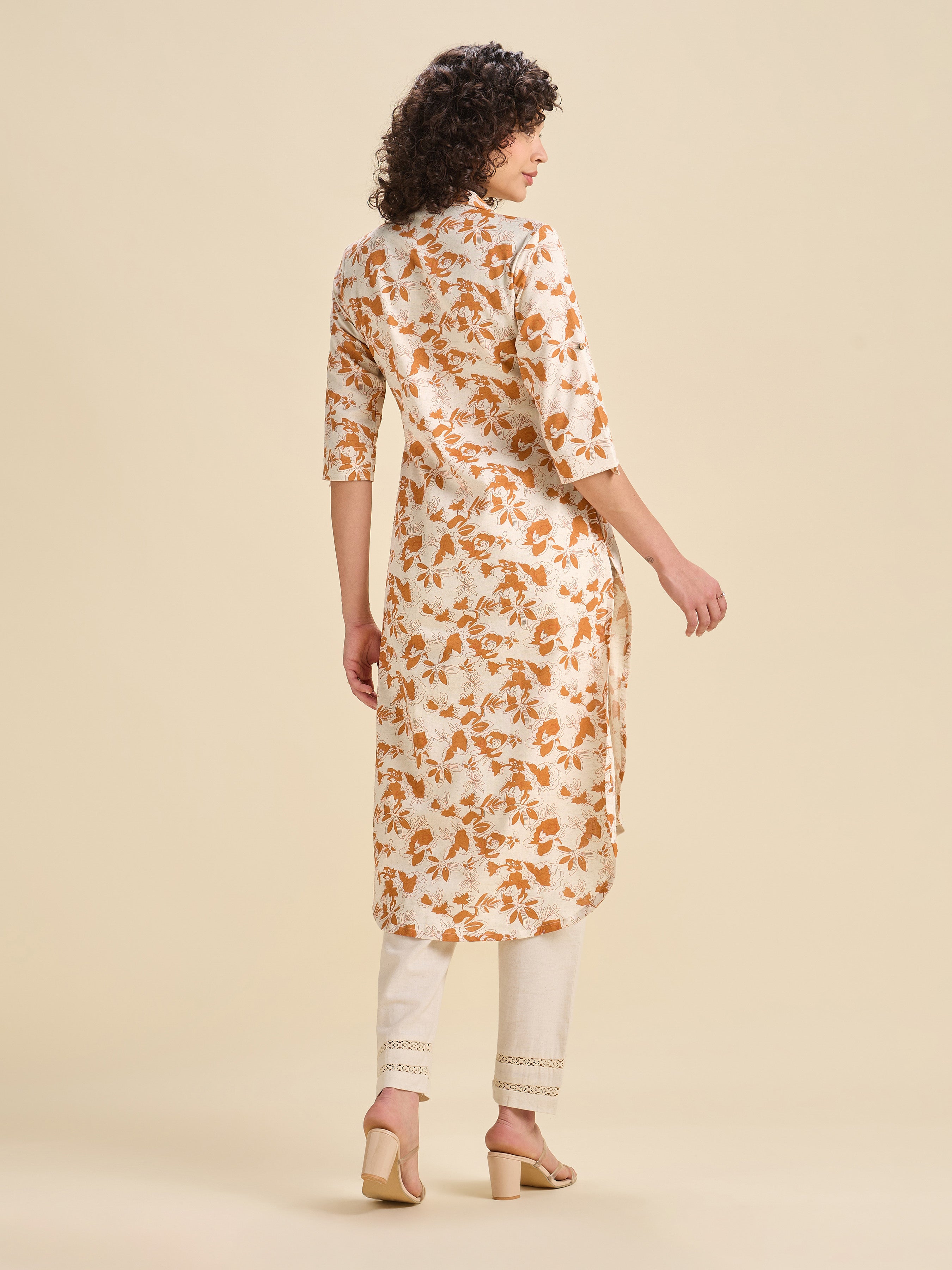 Ivory And Orange Cotton Flax Printed Slit Kurti With Curved Hem