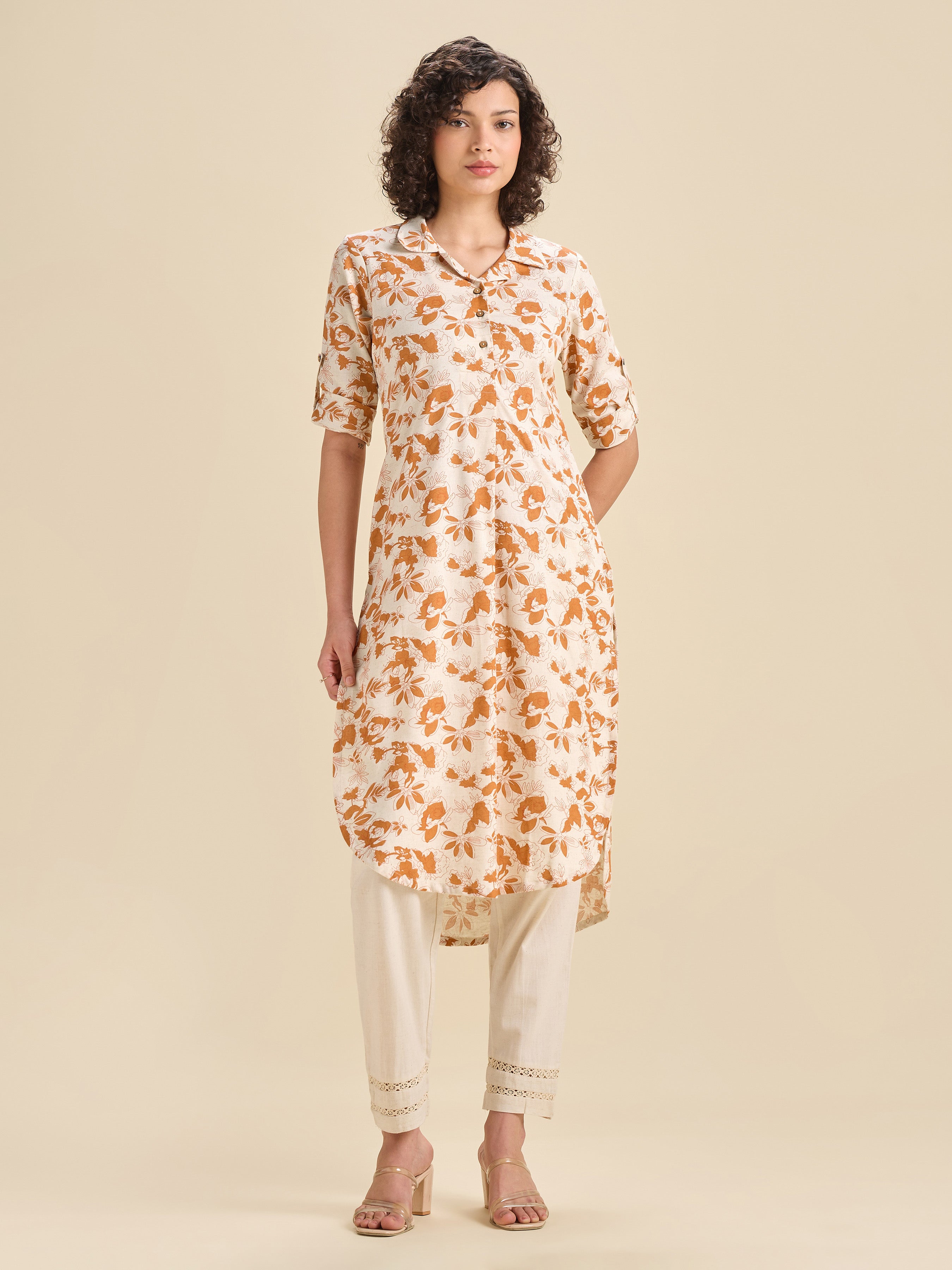Ivory And Orange Cotton Flax Printed Slit Kurti With Curved Hem