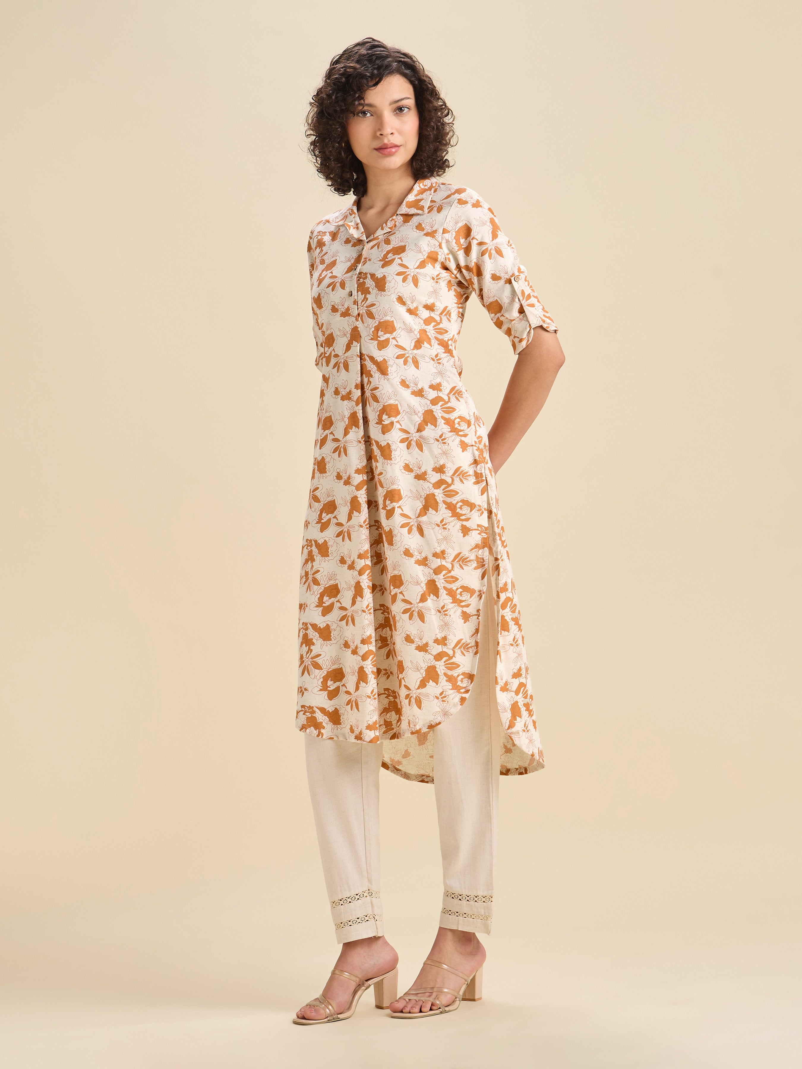 Ivory And Orange Cotton Flax Printed Slit Kurti With Curved Hem