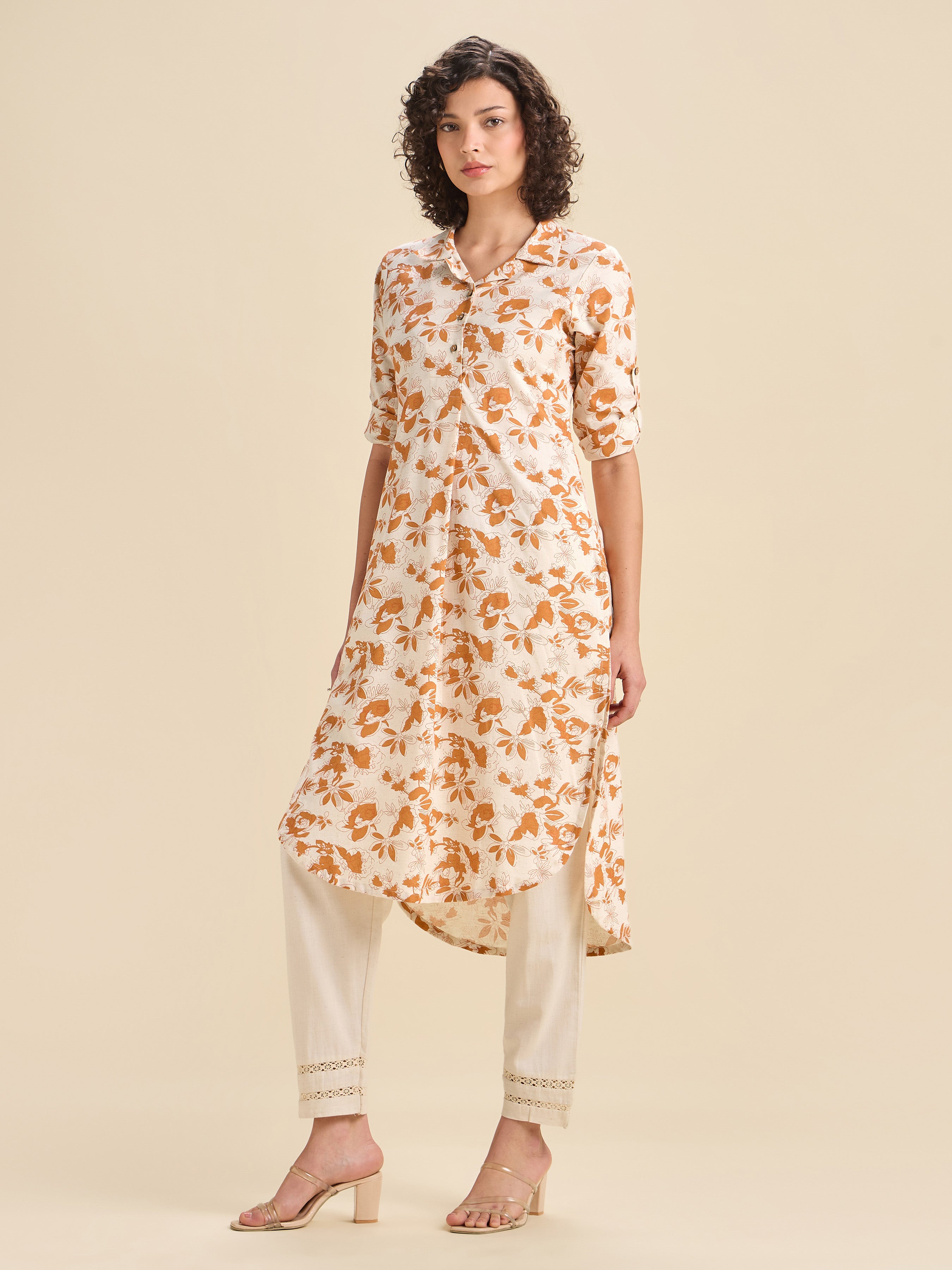 Ivory And Orange Cotton Flax Printed Slit Kurti With Curved Hem