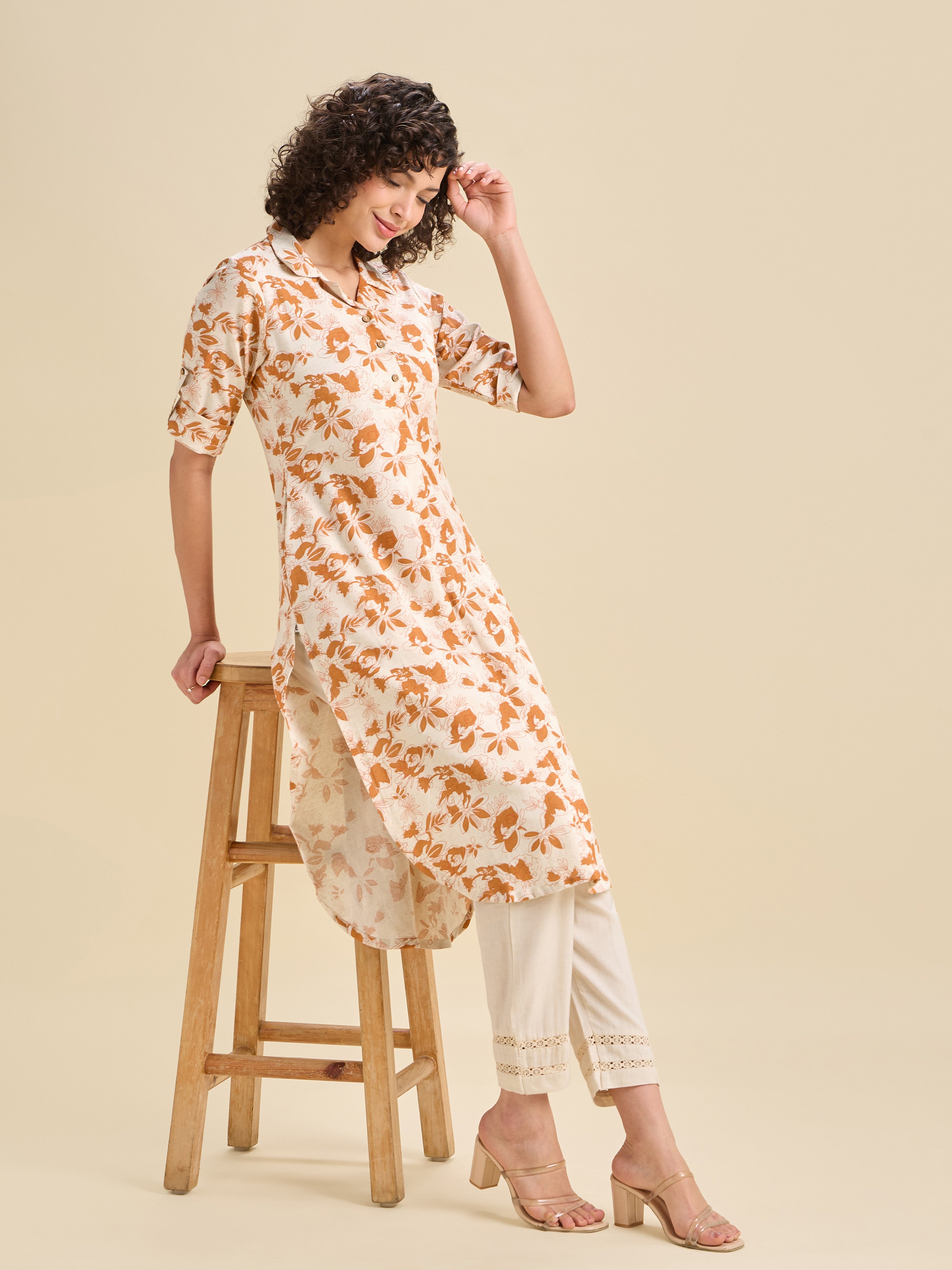 Ivory And Orange Cotton Flax Printed Slit Kurti With Curved Hem