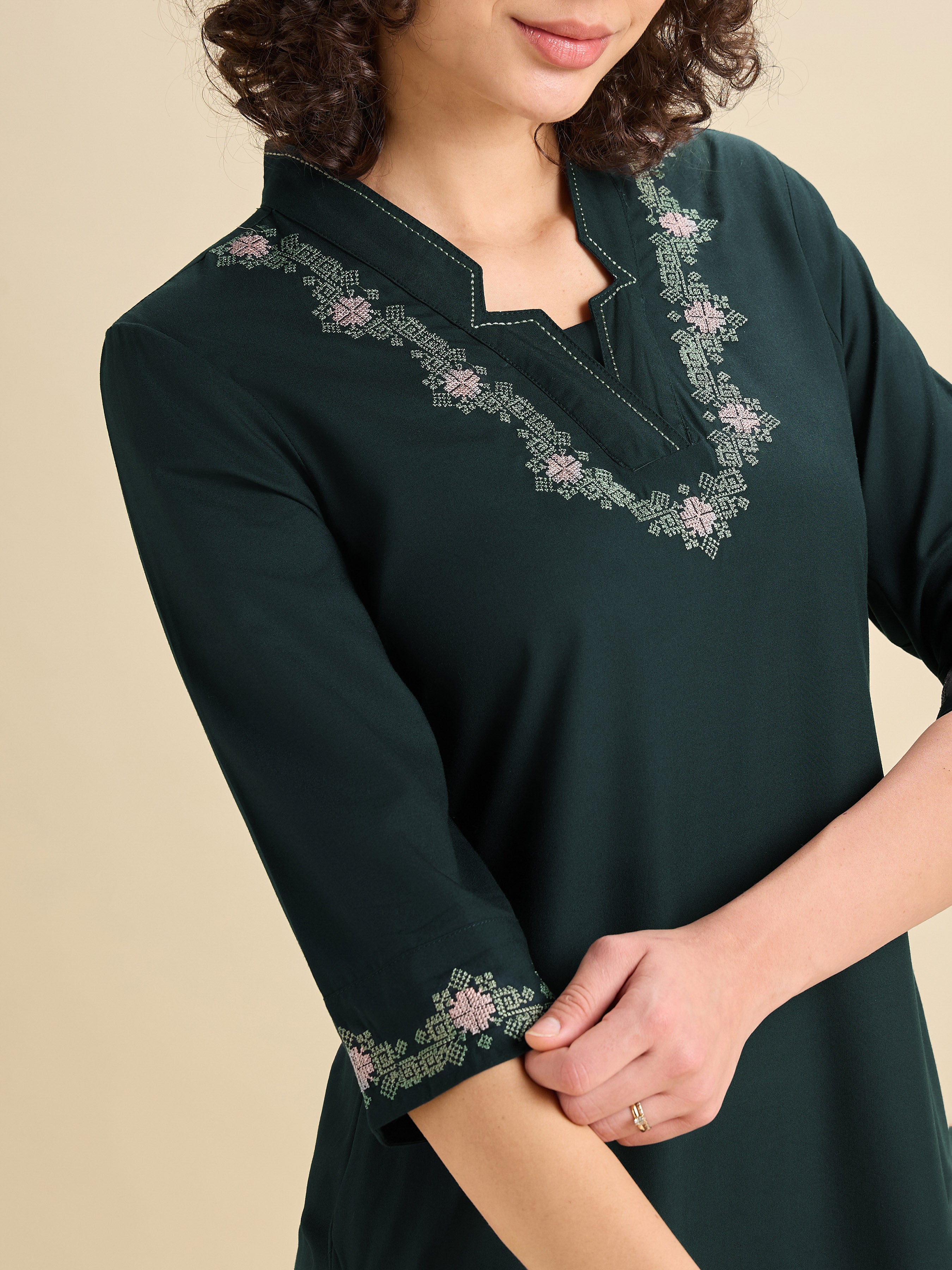 Teal Viscose Plain Slited Kurti With Cross Stitch Embroidery