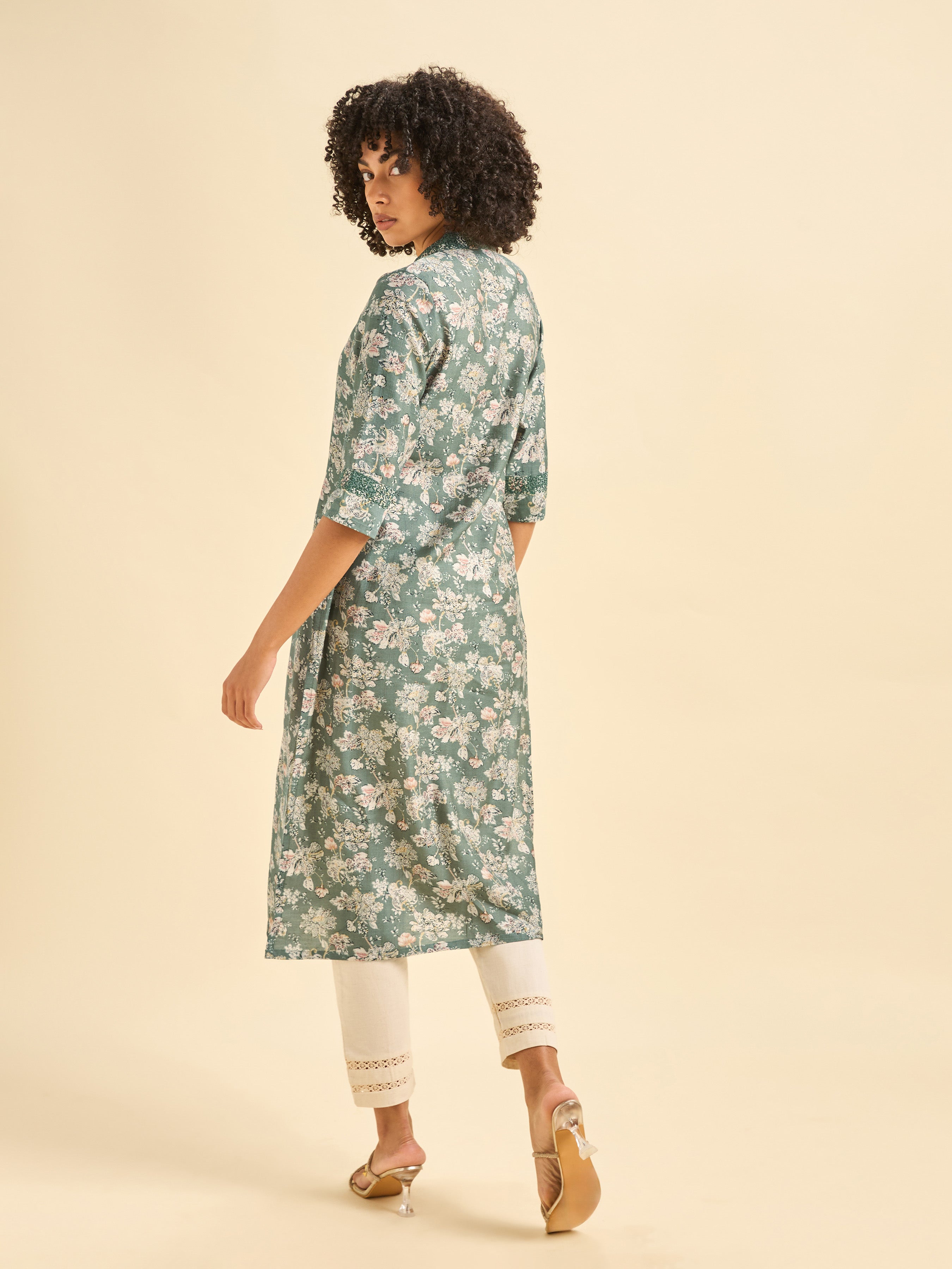 Pista Green Viscose Blend Printed Kurti With Embroidery