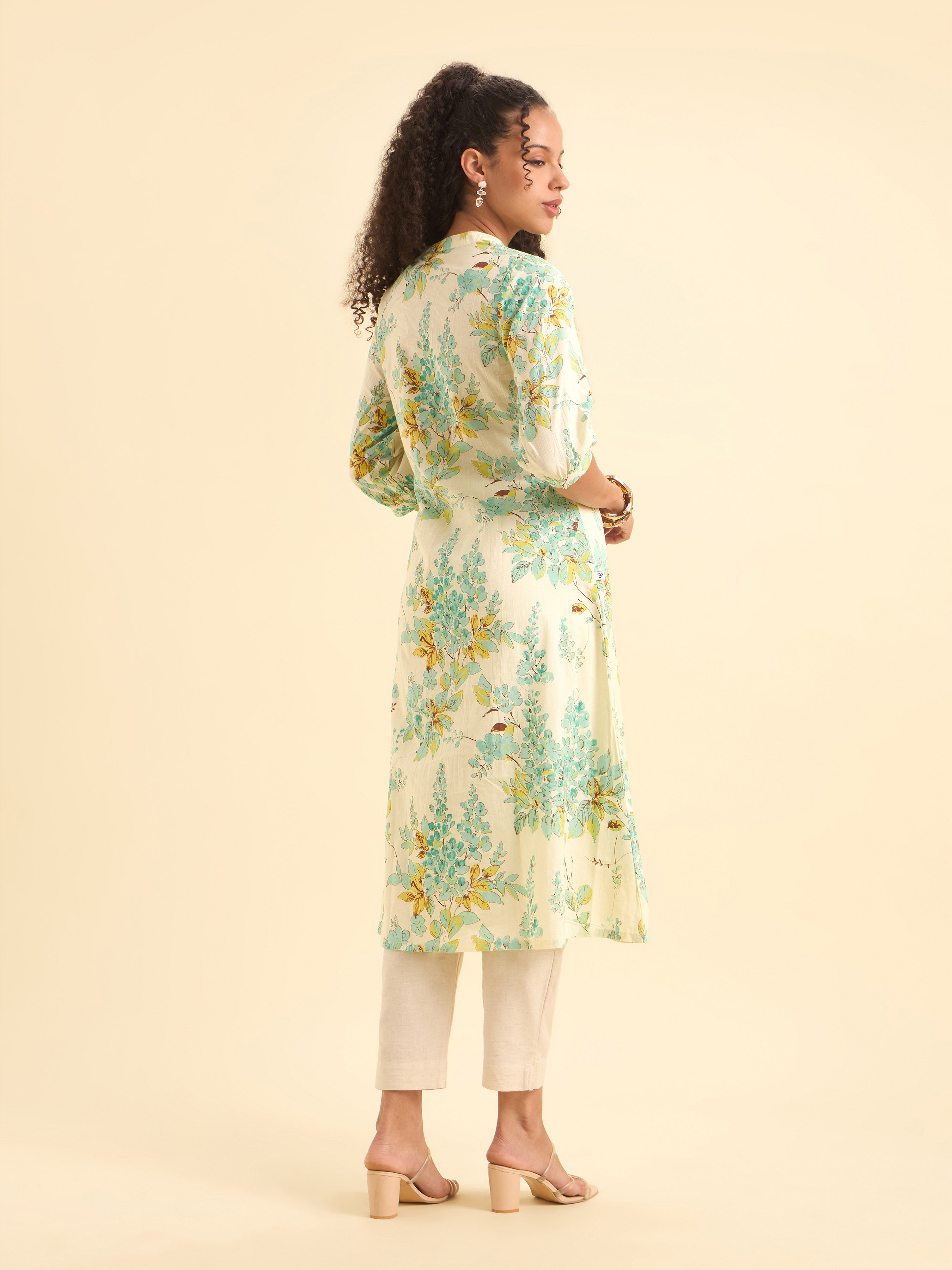 White Multi Colour Cotton Flared Kurti With Embroidery