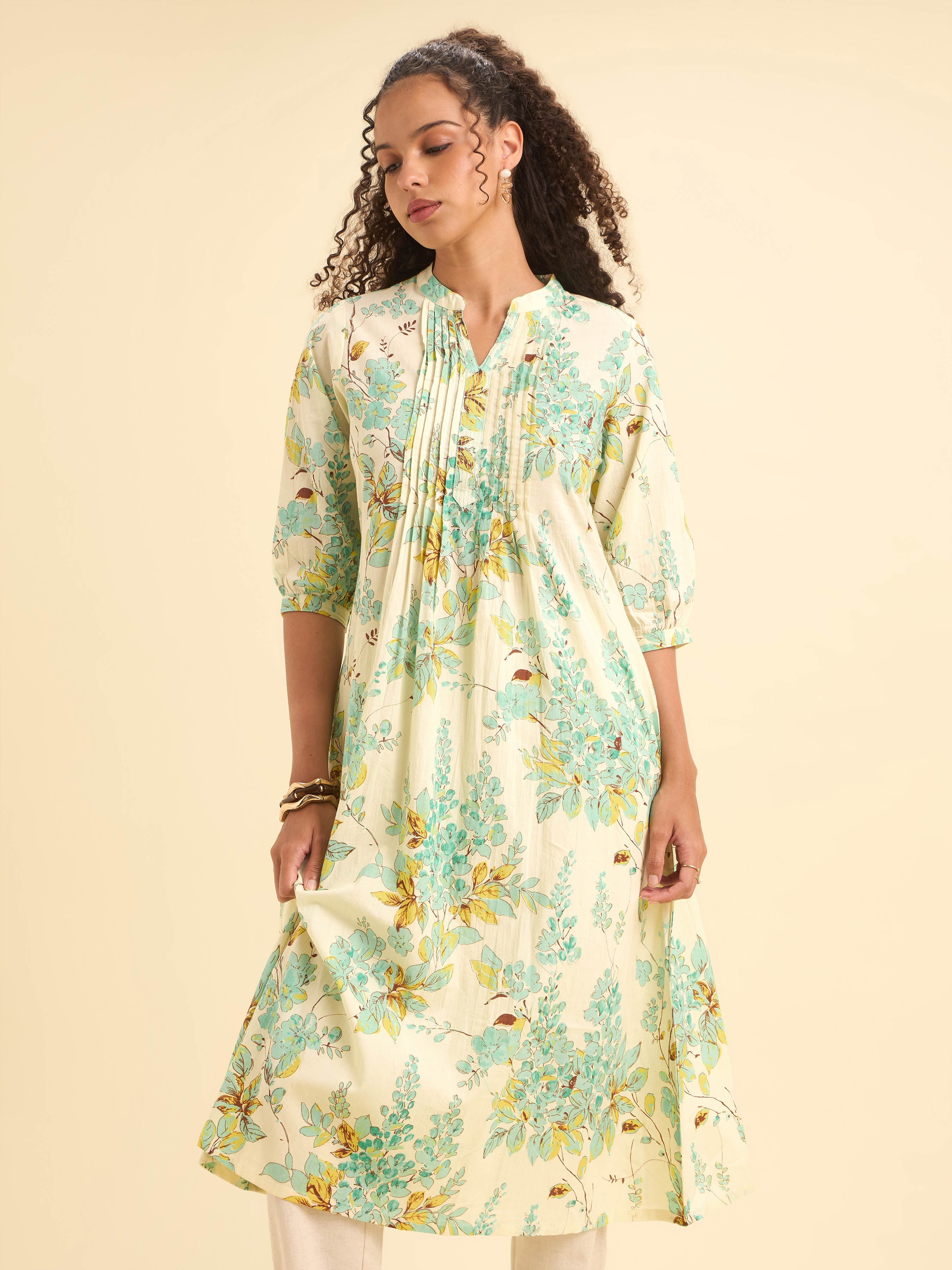 White Multi Colour Cotton Flared Kurti With Embroidery