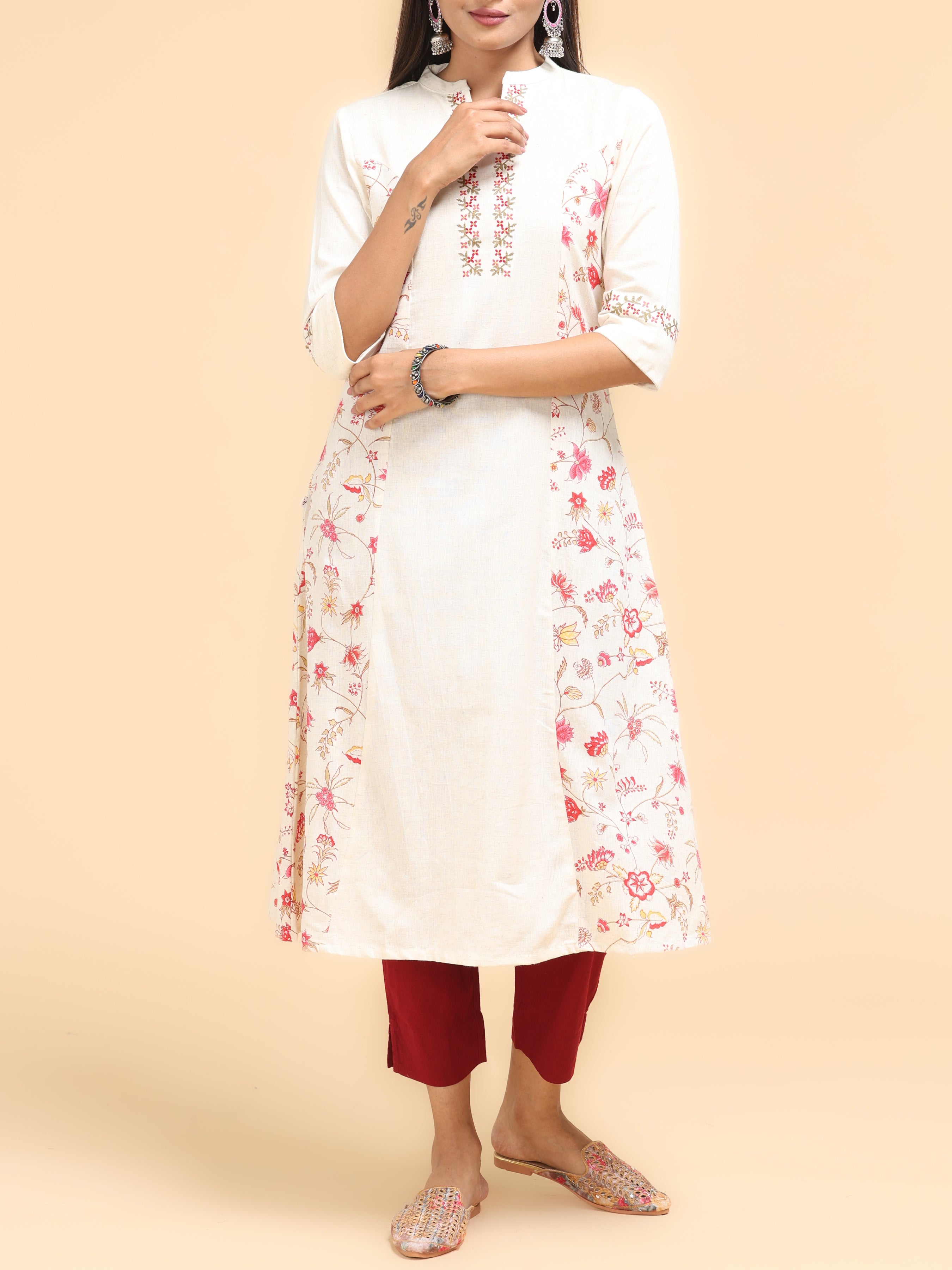 Off White Cotton Flax Printed Kurti With Pannel Cut