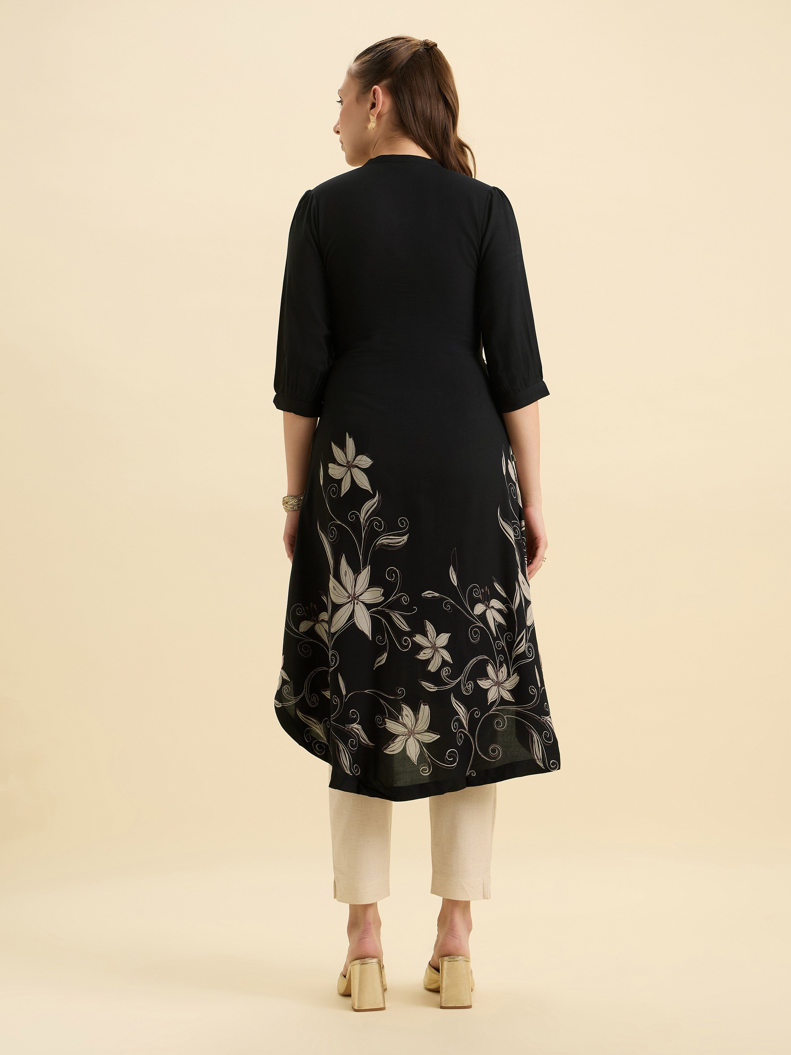 Black Flared Up And Down Printed Kurti