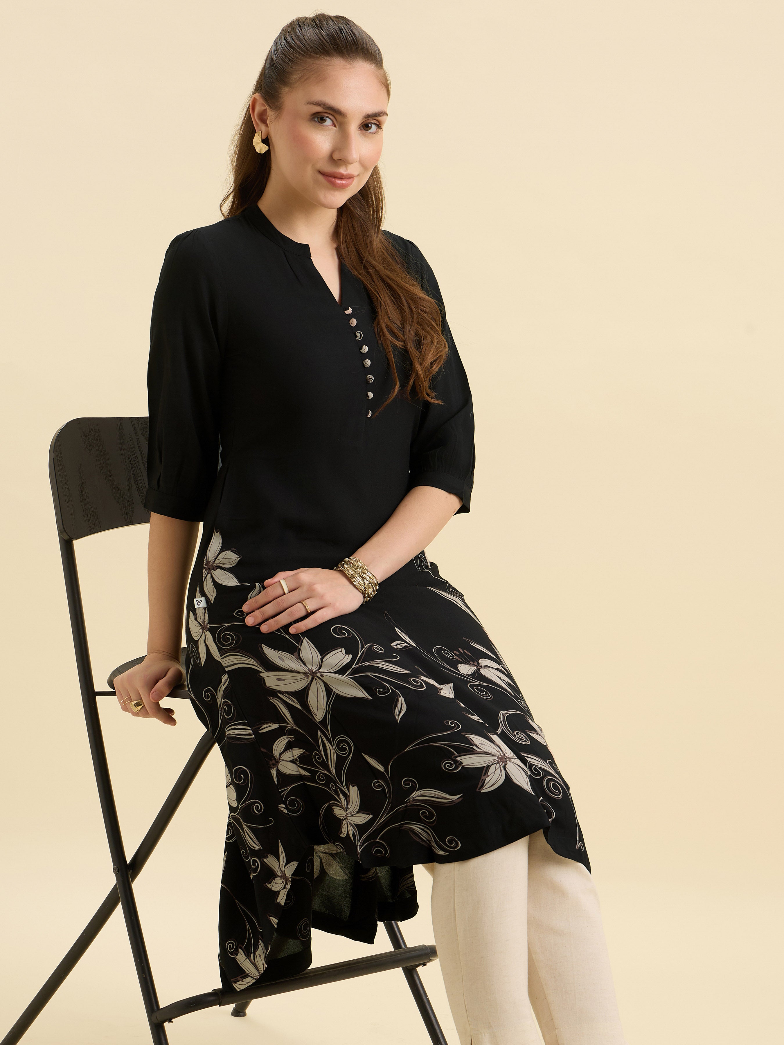 Black Flared Up And Down Printed Kurti