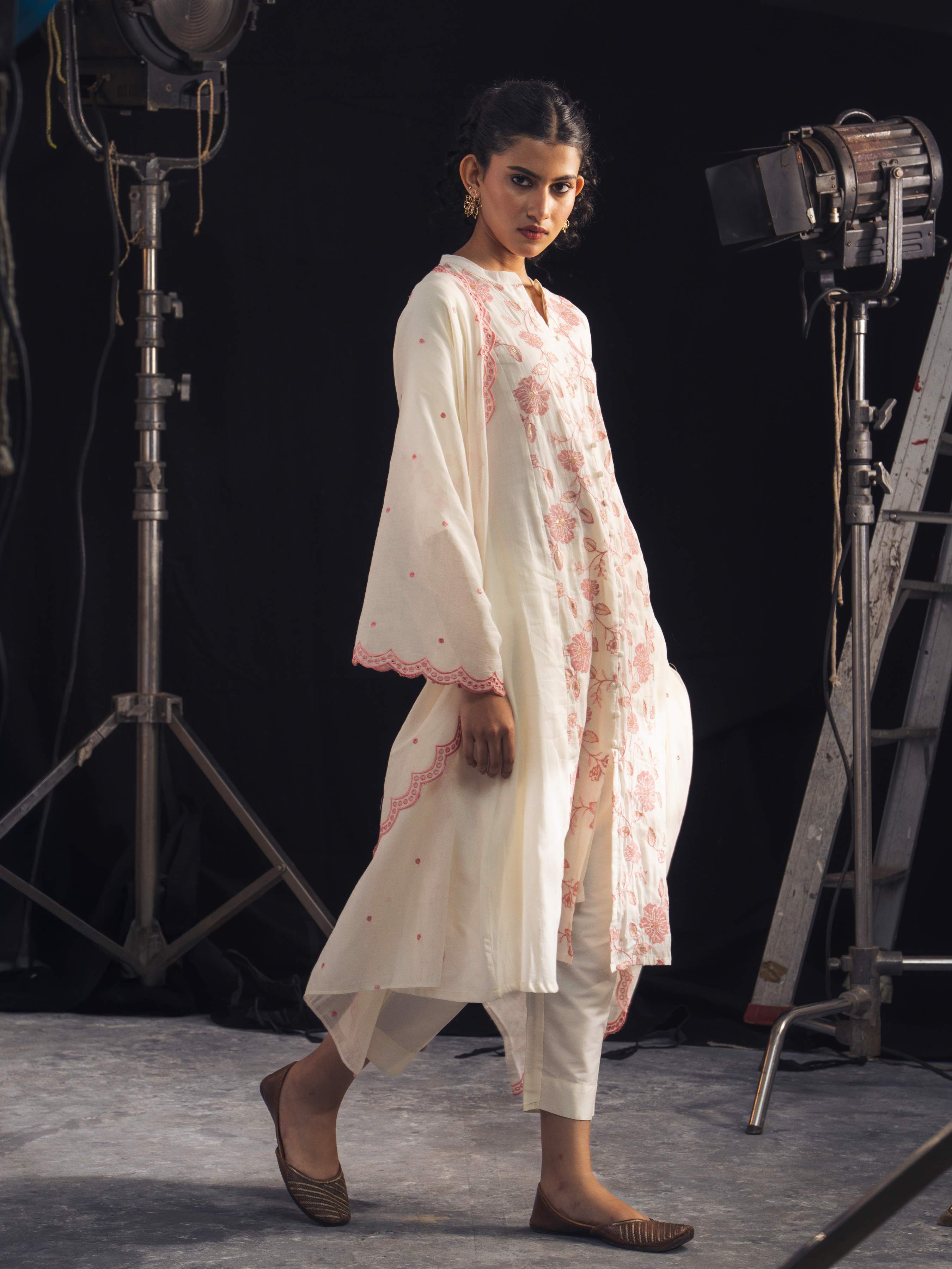 Ivory Pink Pure Cotton Plain Flared Kurti Set With Sequins Embroidery And Dupatta