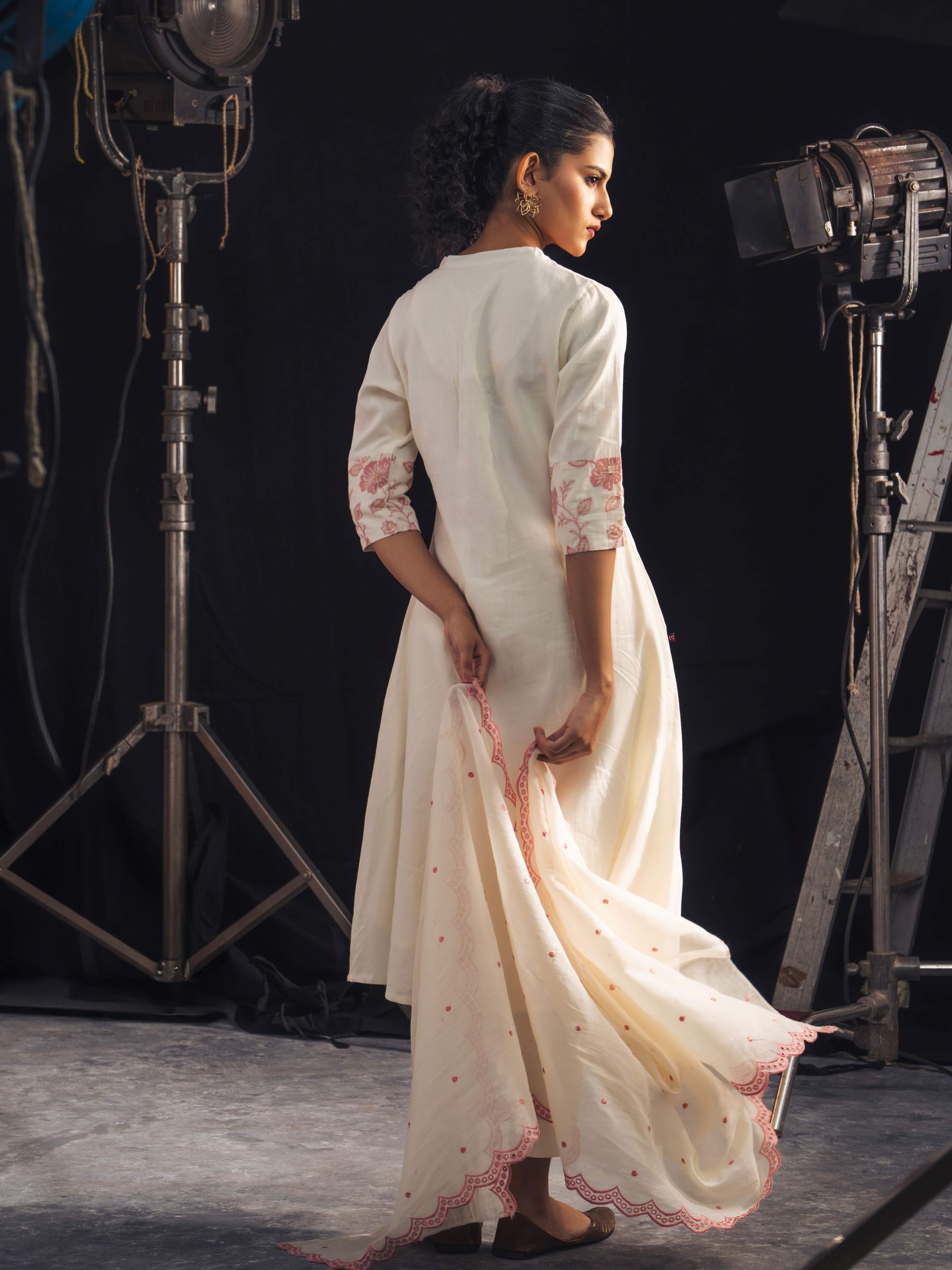 Ivory Pink Pure Cotton Plain Flared Kurti Set With Sequins Embroidery And Dupatta