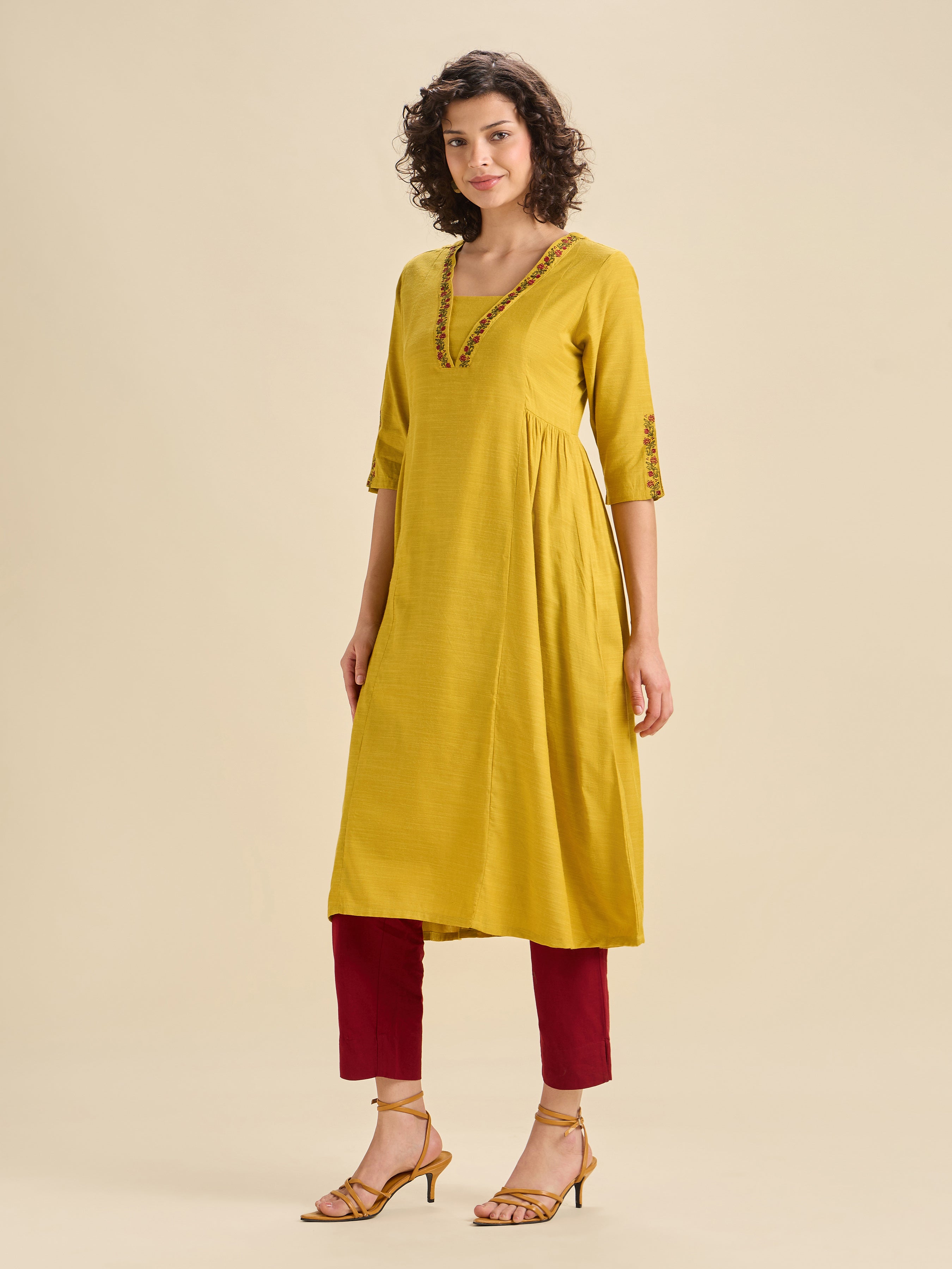 Yellow Cotton Viscose Flared Kurti With Embroidery