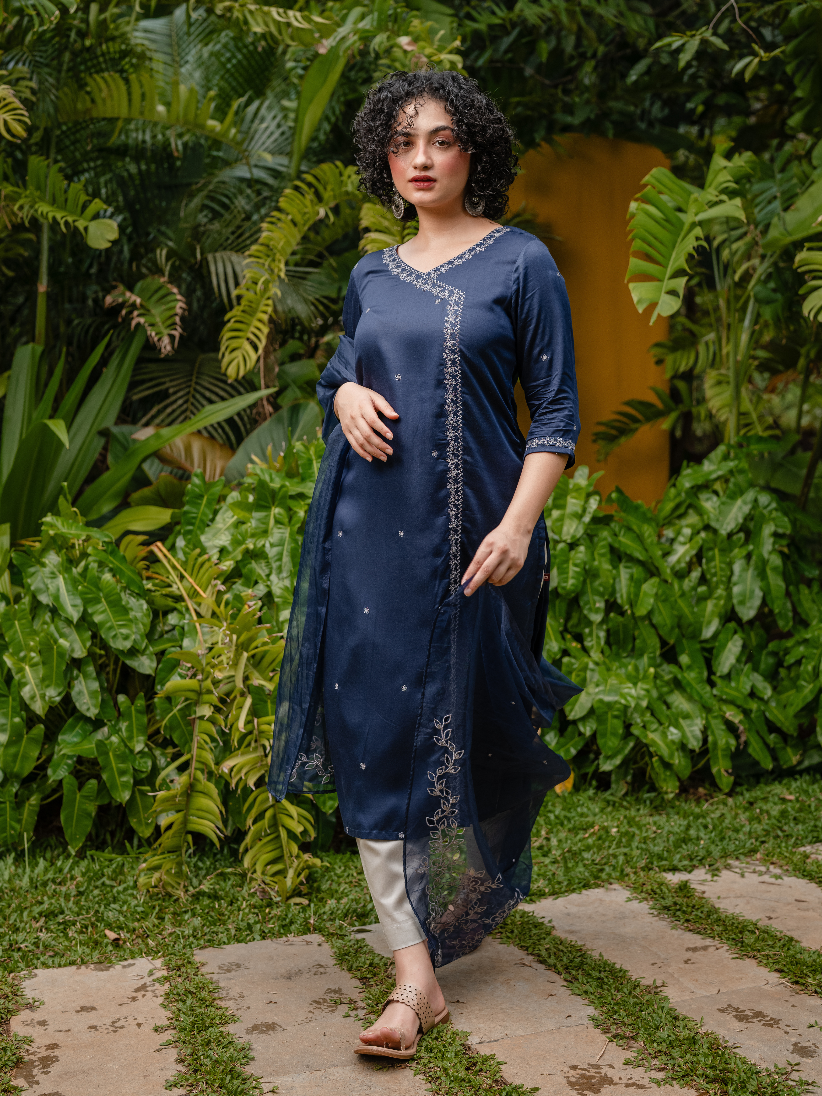 Navy Blue Viscose Plain Kurti Set & Dupatta With Hand Work Embroidery