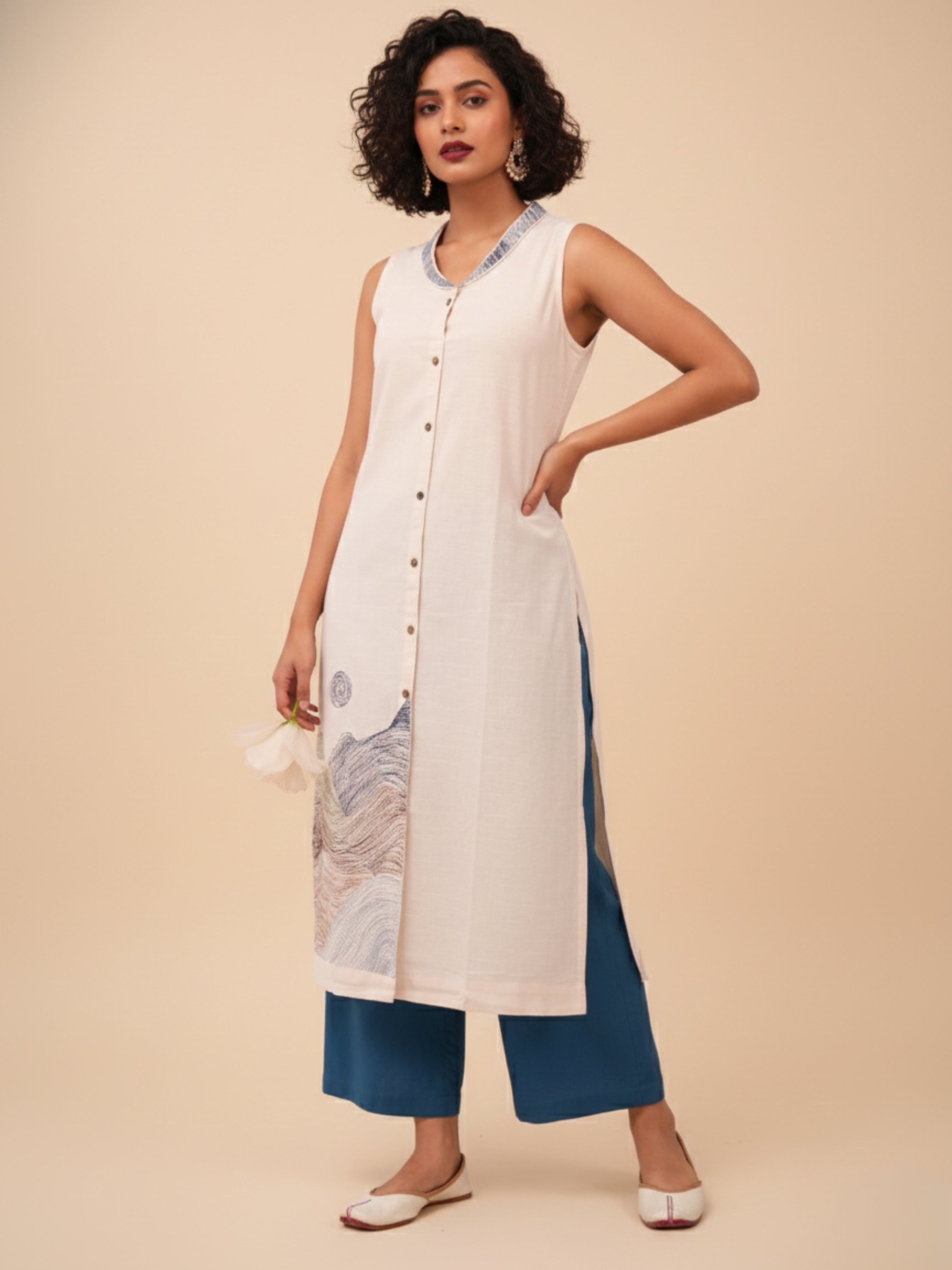 Ivory Cotton Flax Slub Co-Ord Set With Embroidery