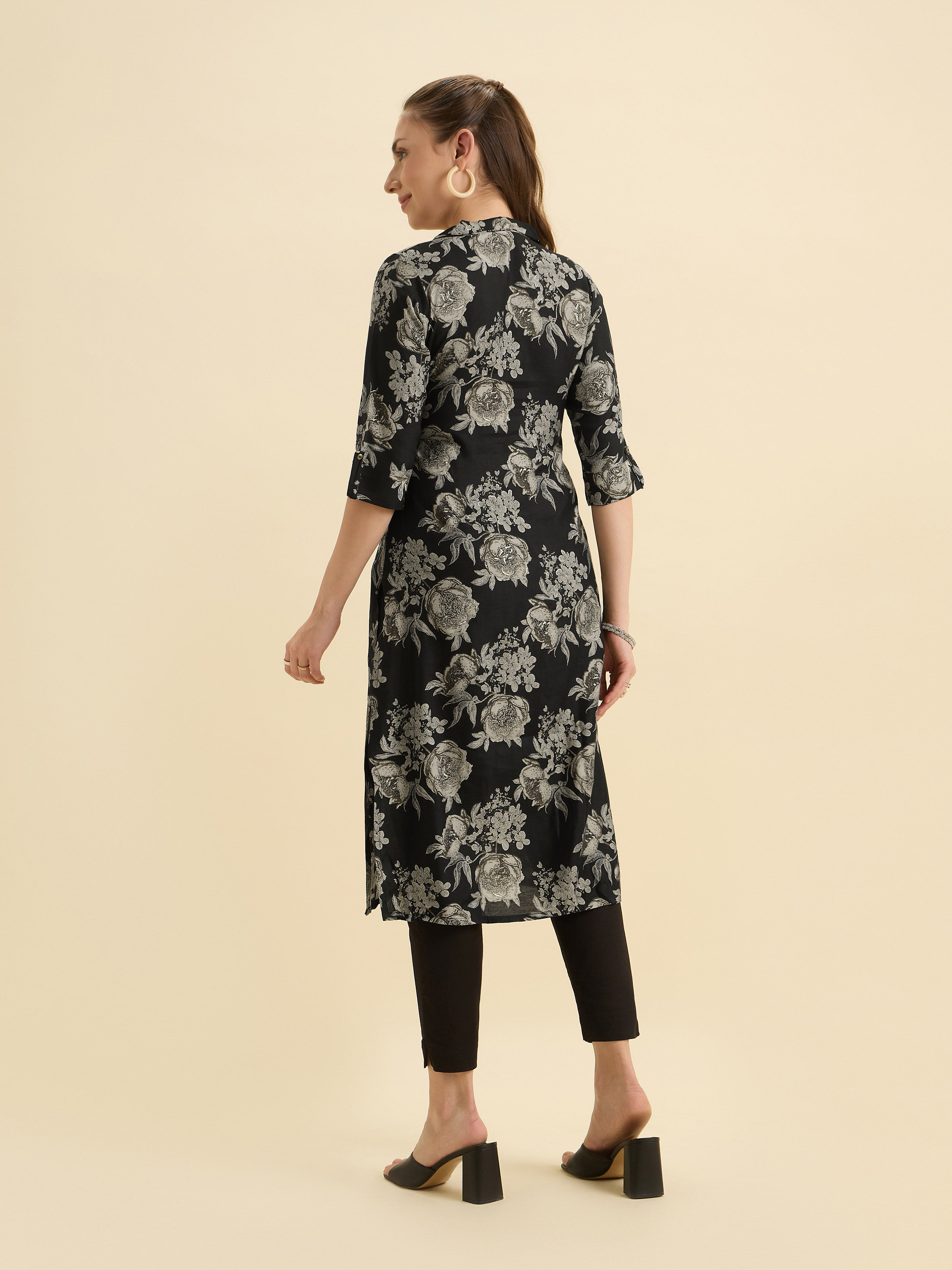 Black Ploy Viscose Flared Printed Kurti With Princesscut