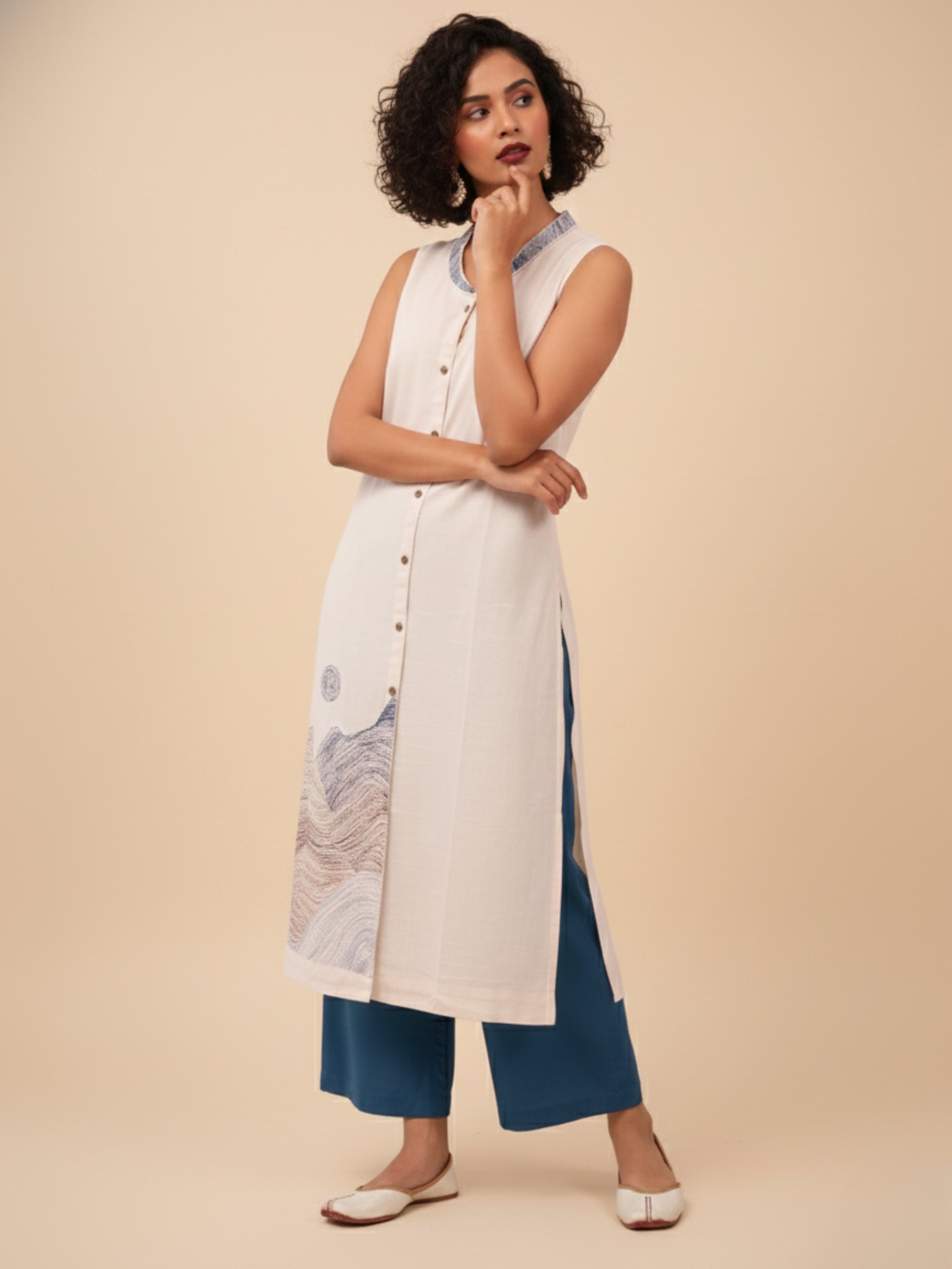 Ivory Cotton Flax Slub Co-Ord Set With Embroidery