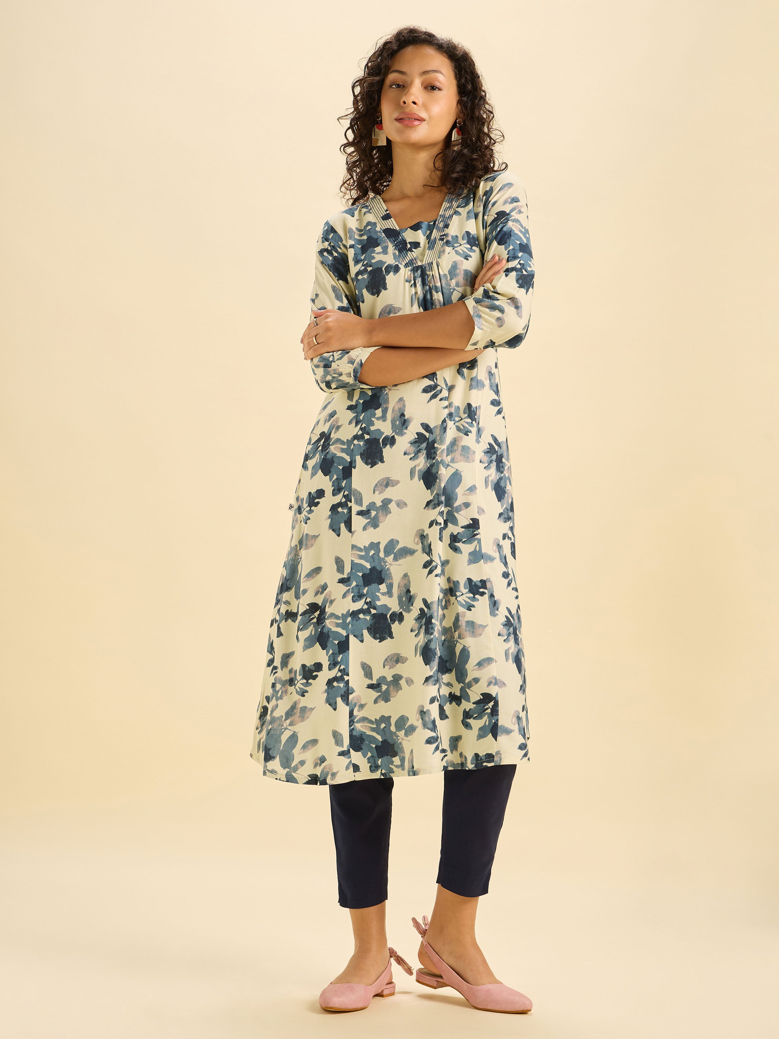 Ivory Viscose Printed Flared Kurti With Box Pleat