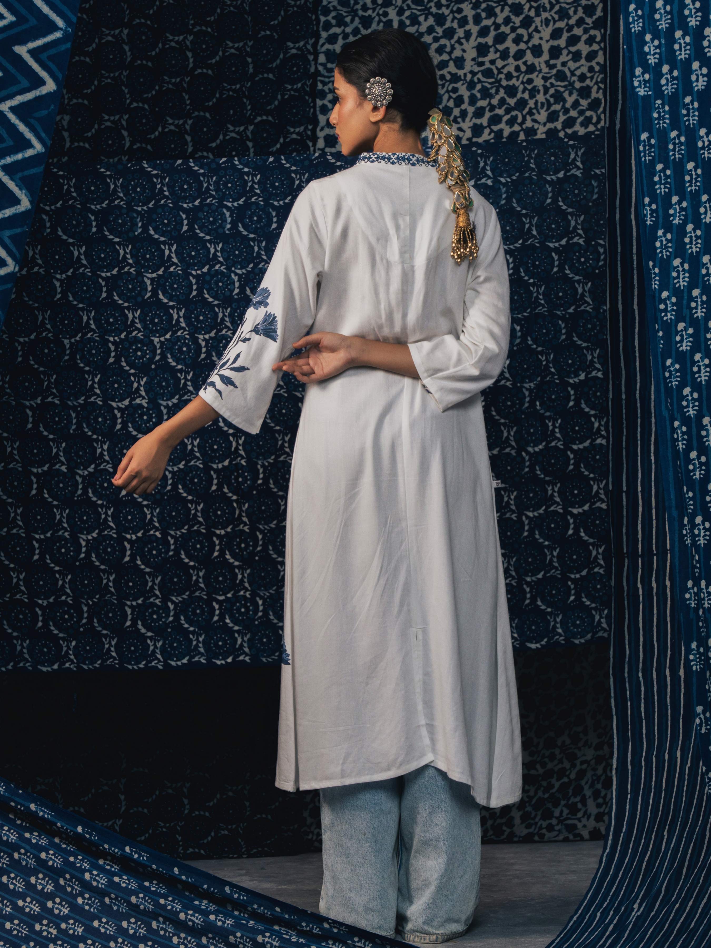 White Blue Viscose Linen Plain Flared Kurti With Placement Print And Embroidery