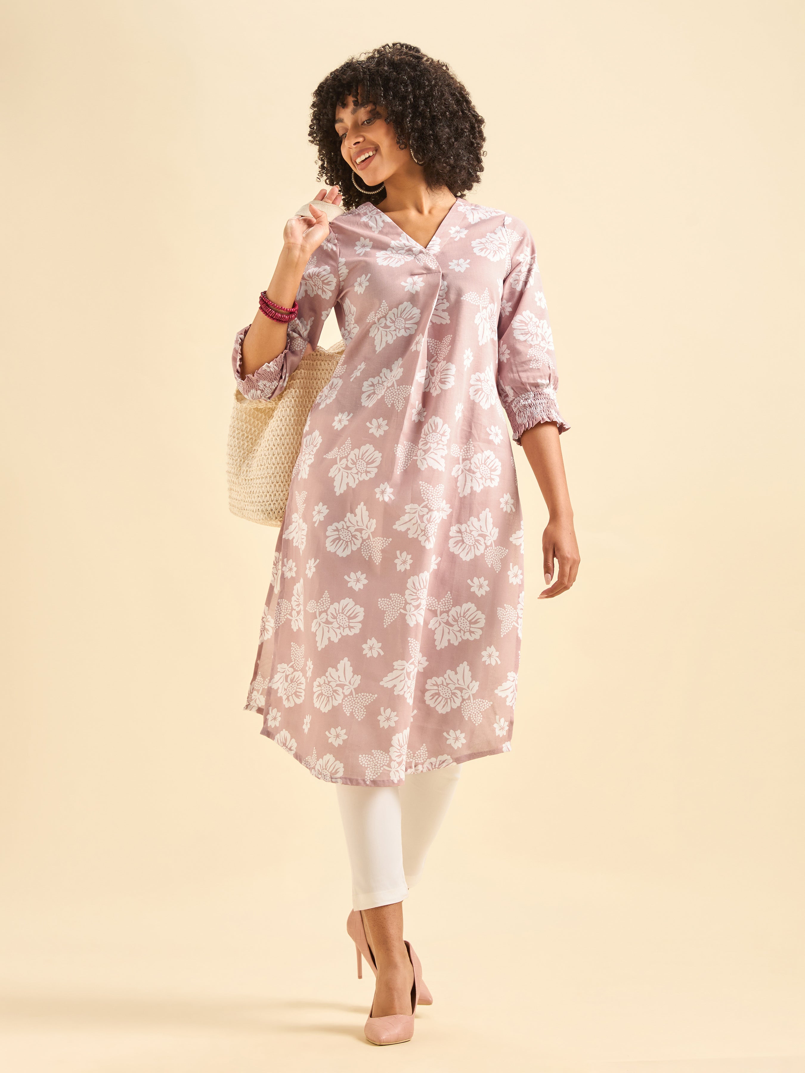 Pink and White Cotton Flax Printed Slit Kurti With Smocking Cuff