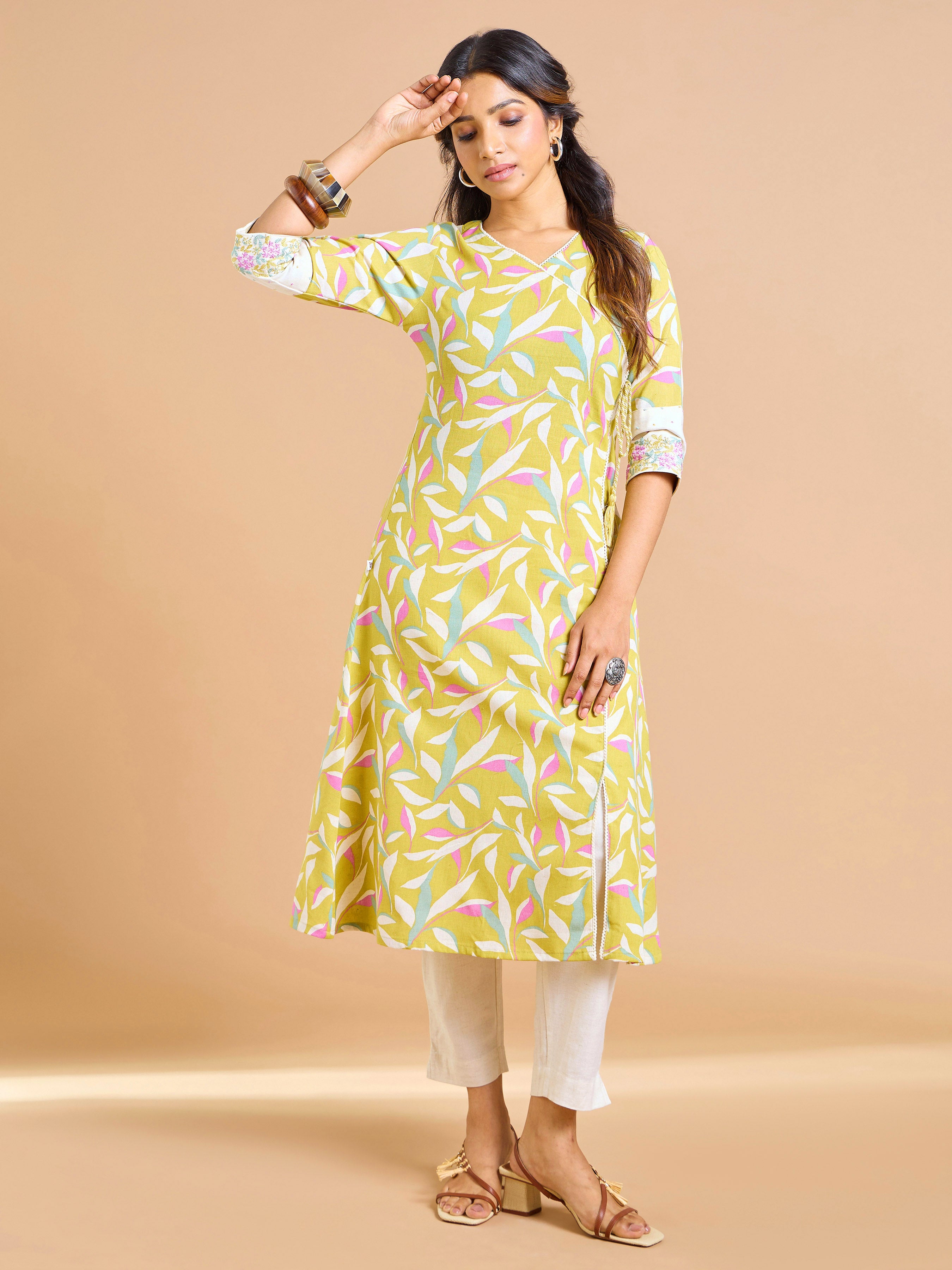 Mustard Green Cotton Flax Printed Kurti With Embroidery