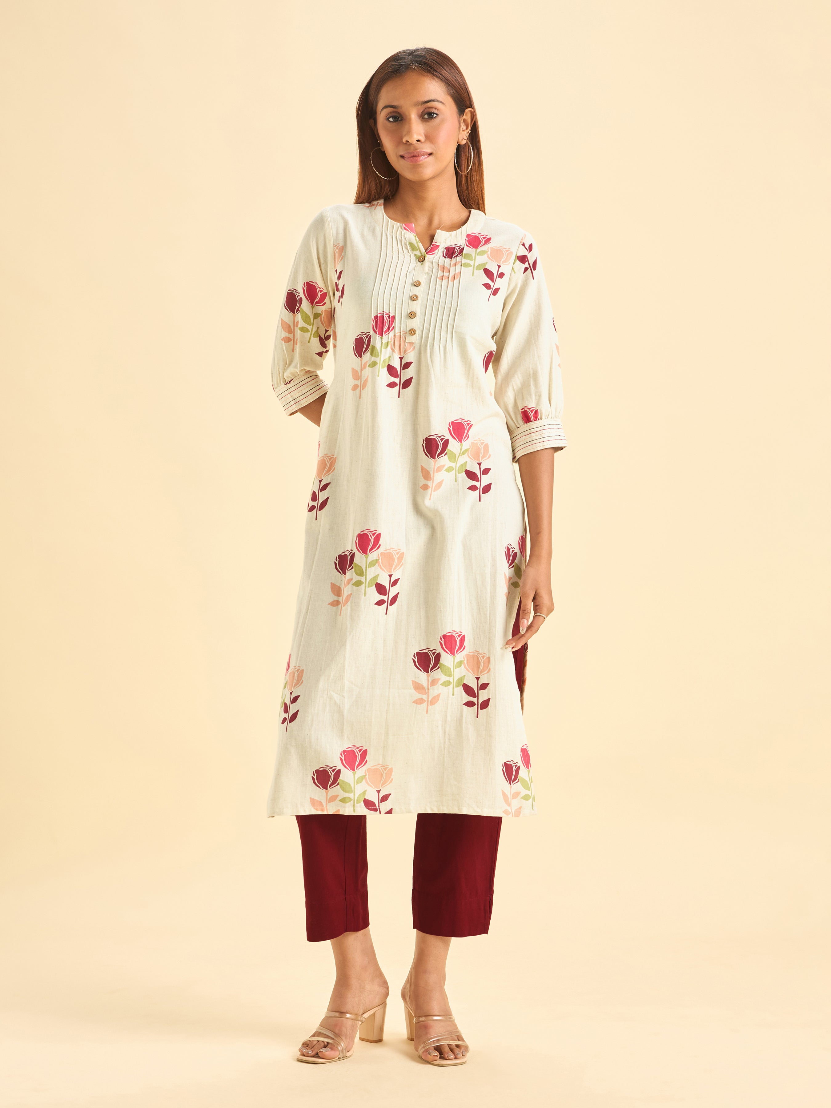 Multicolour Cotton Flax Printed Slited Kurti With Embroidery On Sleeves And Pintucks