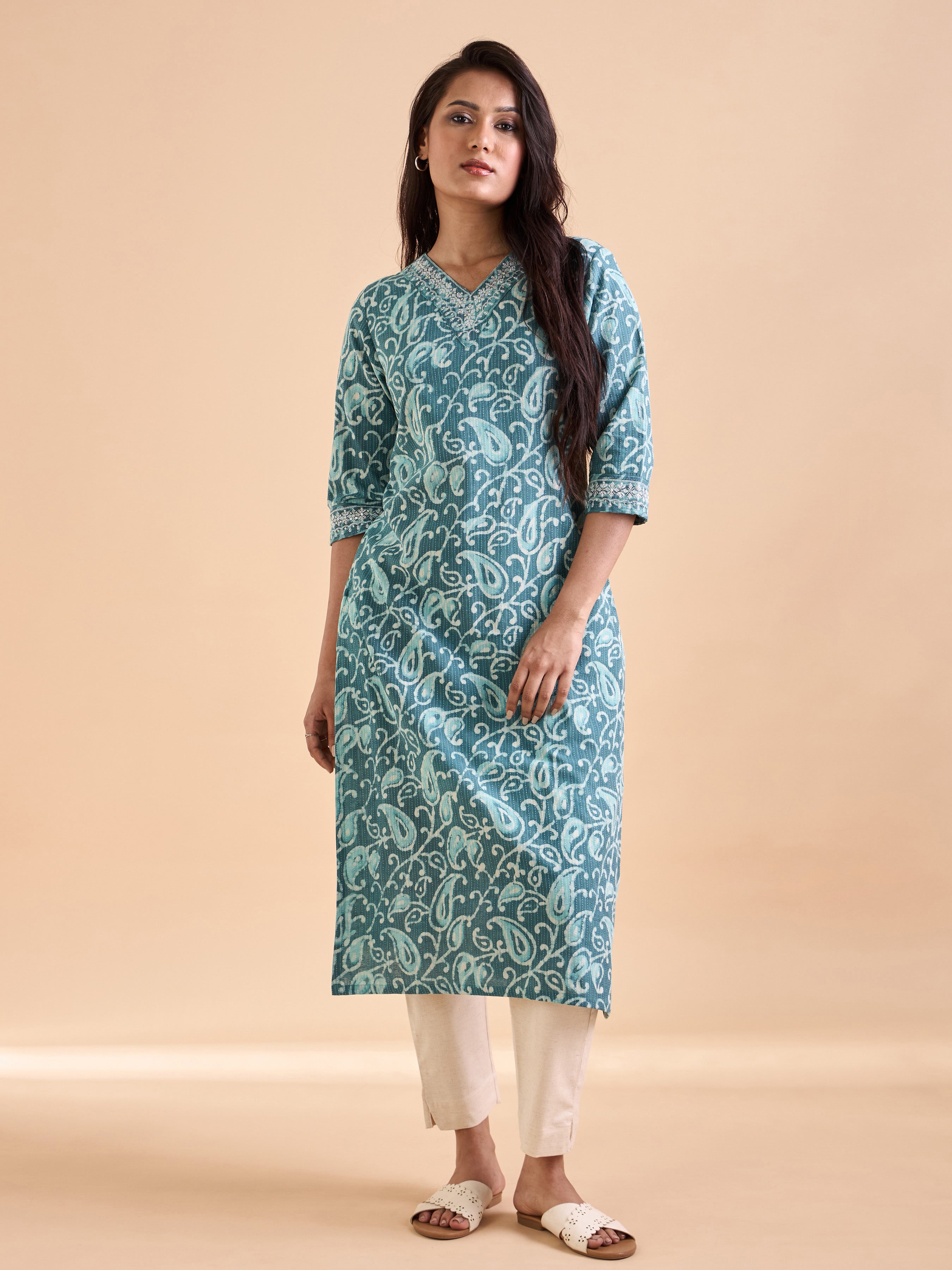 Aqua green Cotton Katha Printed Kurti With Embroidery Sequins Work