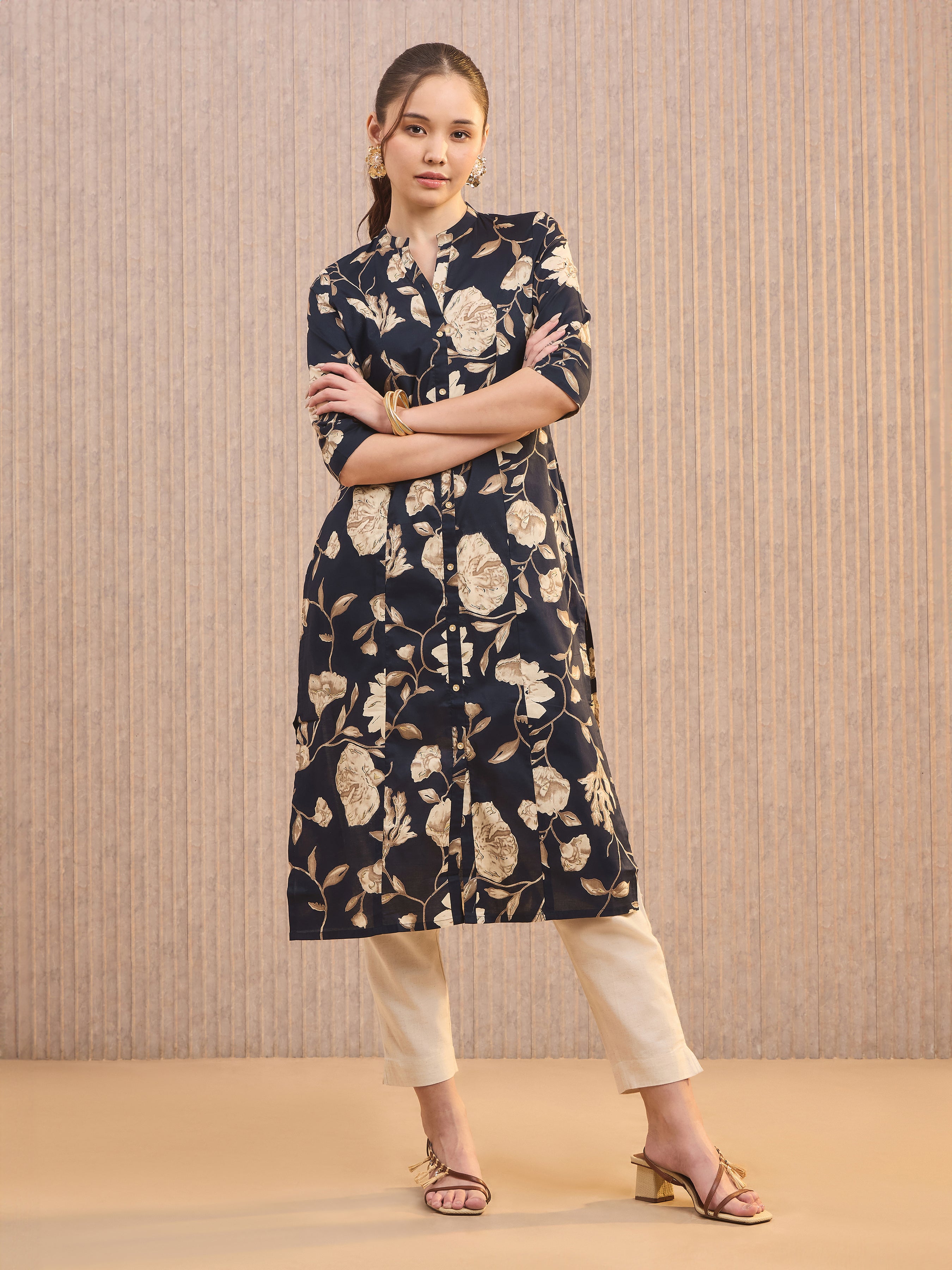 Navy Blue Pure Cotton Printed Kurti With Princess Cut
