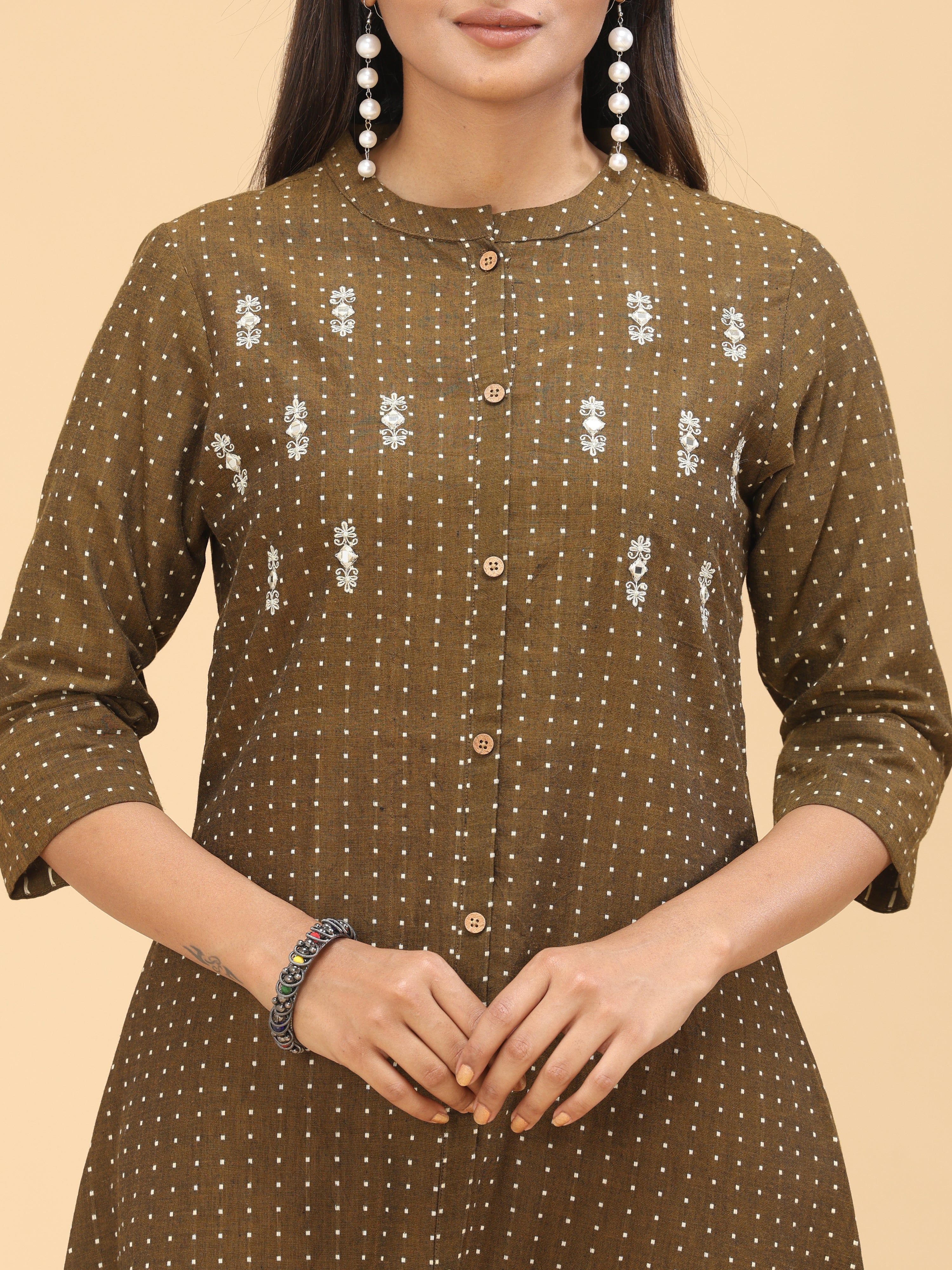 Brown Cotton Dobby Kurti With Embroidery