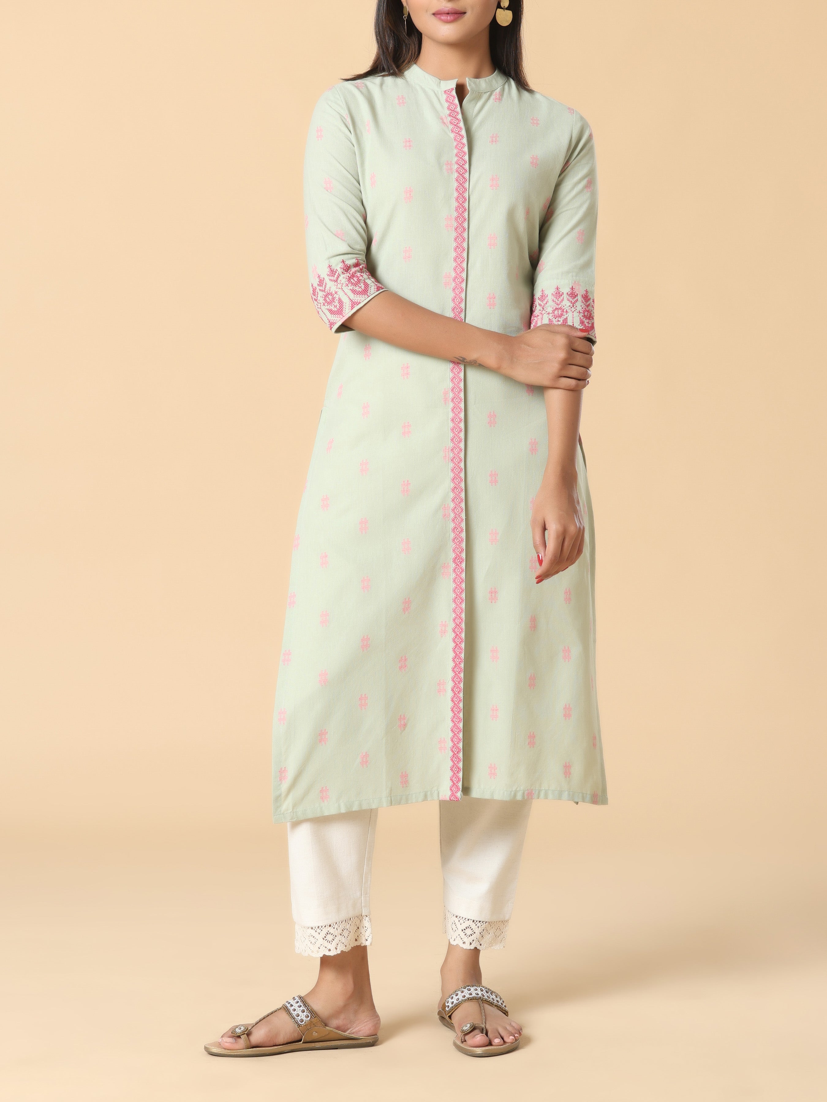 Pista Green Cotton Dobby Kurti With Embroidery