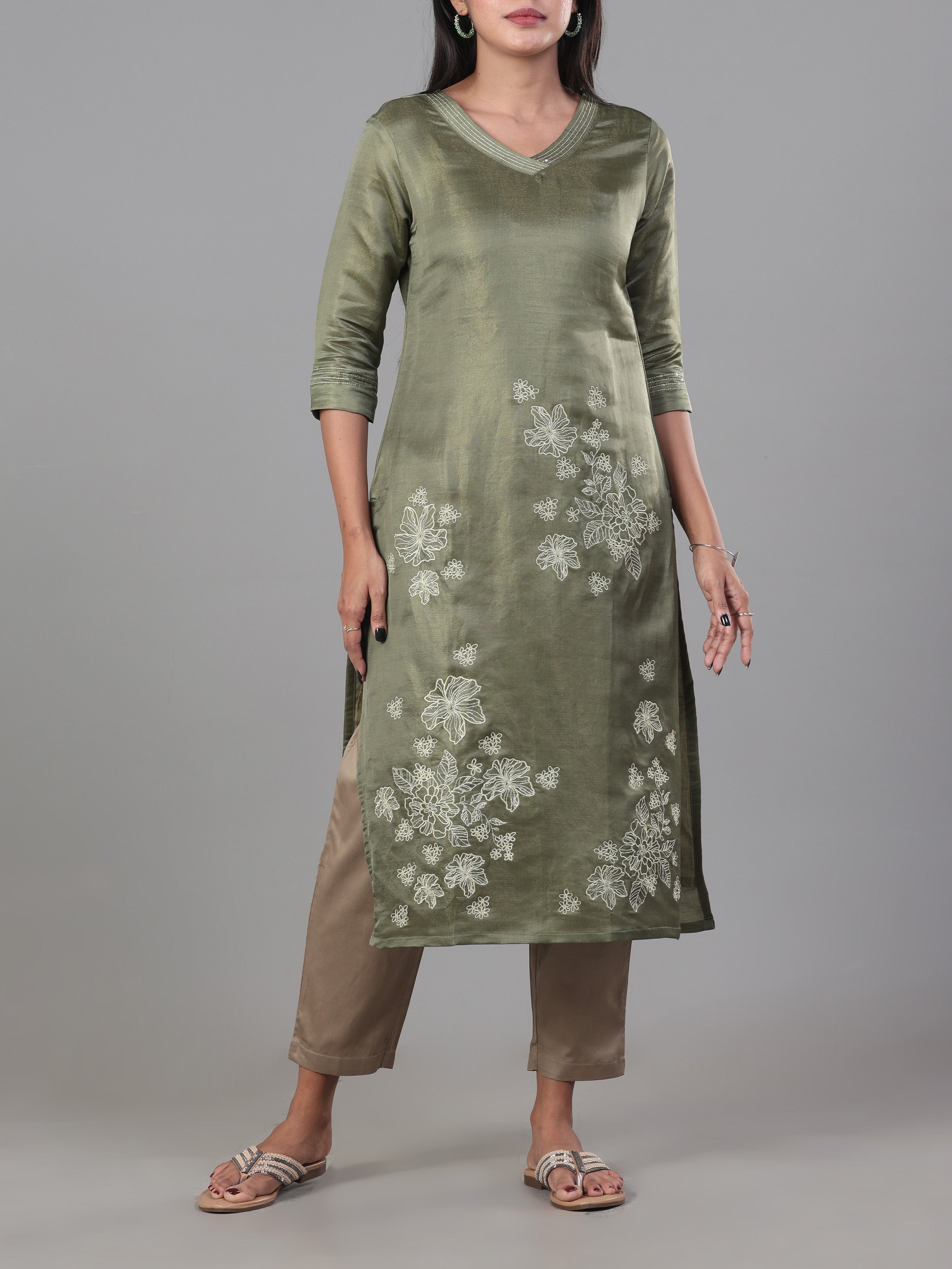 Olive Green Viscose Shimmer Kurti With Embroidery And Matching Bottom