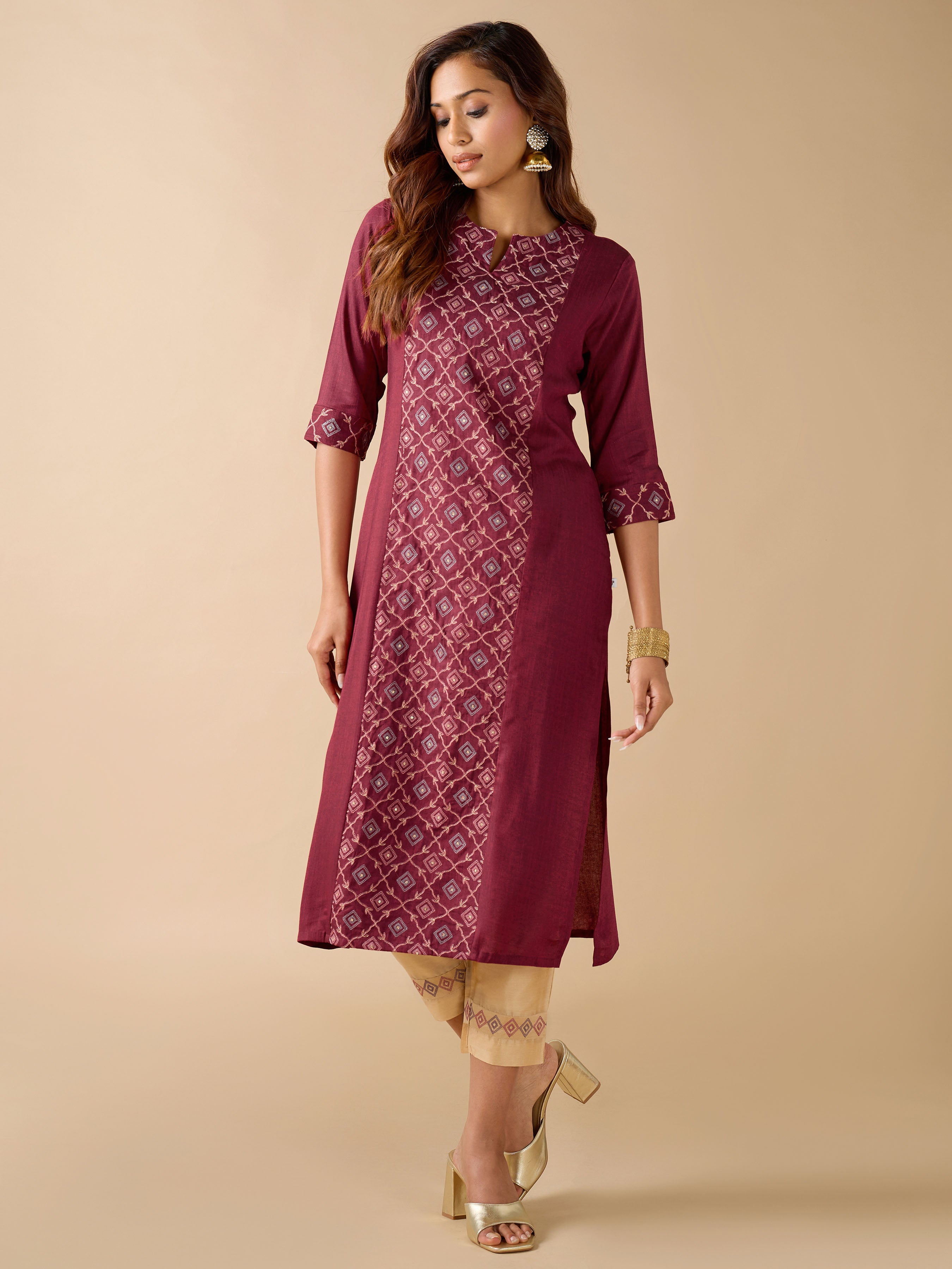 Magenta Viscose Plain Kurti & Bottom Set With Sequins Work