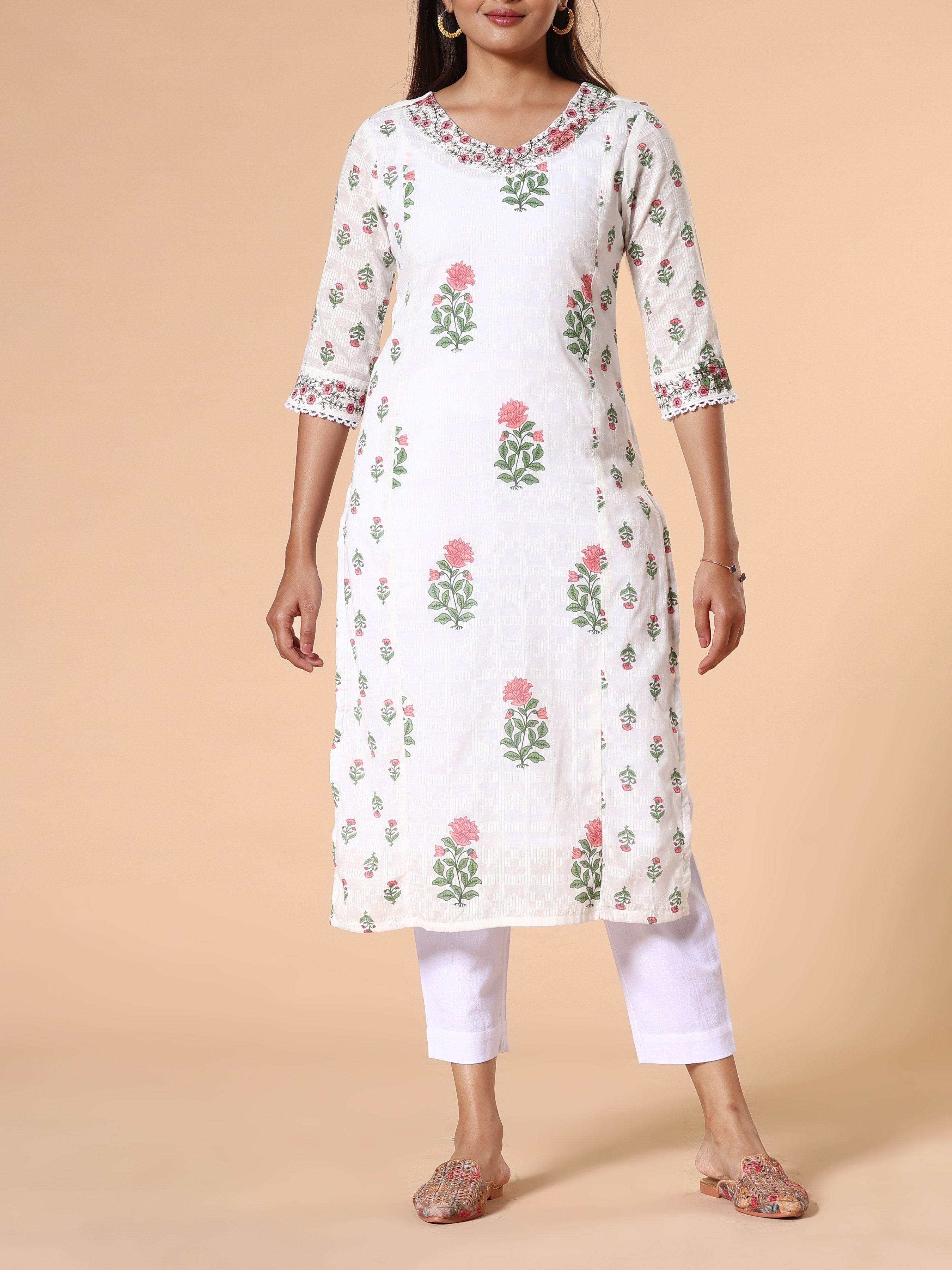Multi-Colour Cotton Dobby Printed Kurti With Embroidery