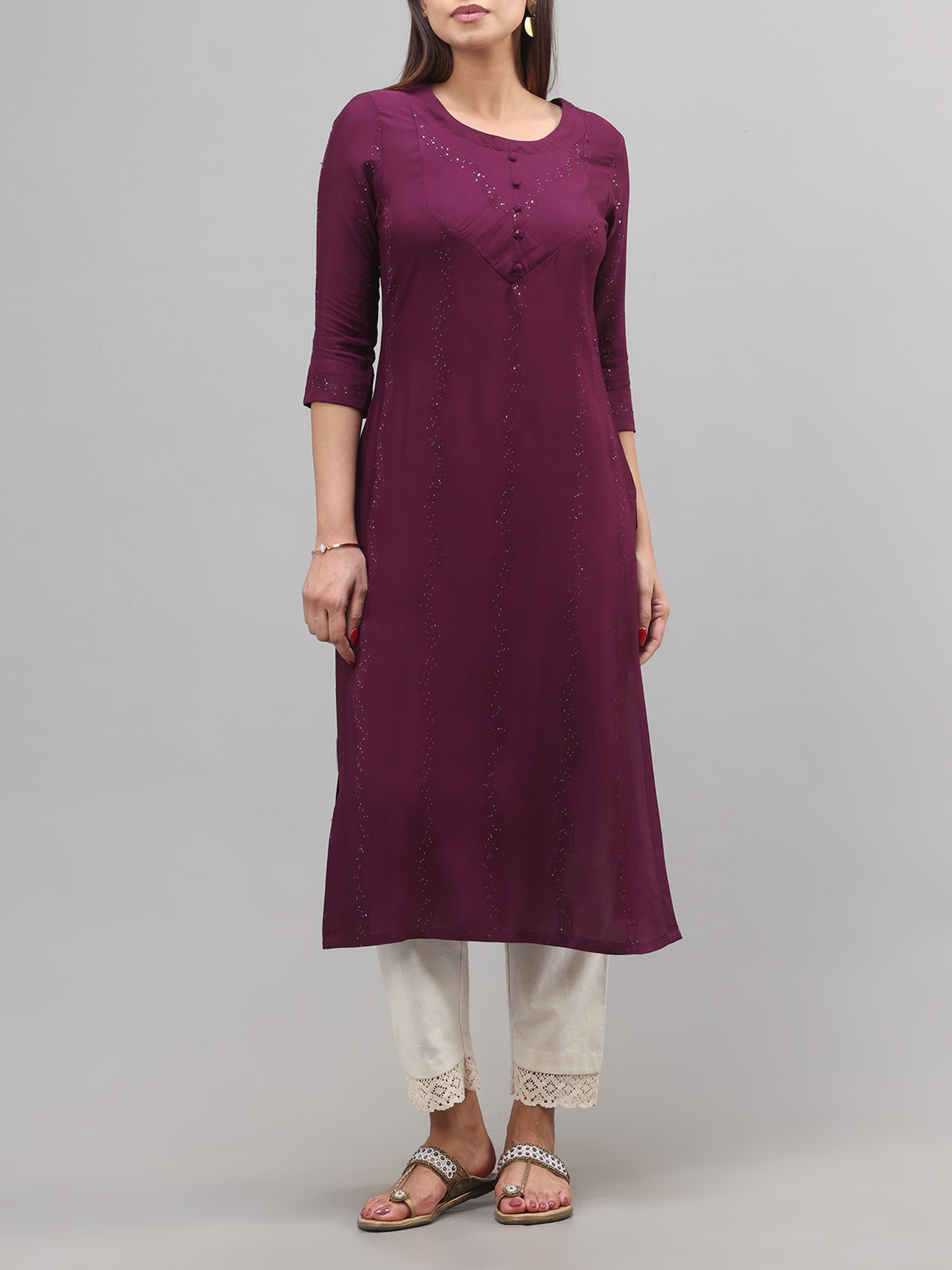 Wine-Red Viscose Dobby Plain Kurti With Sequins Work
