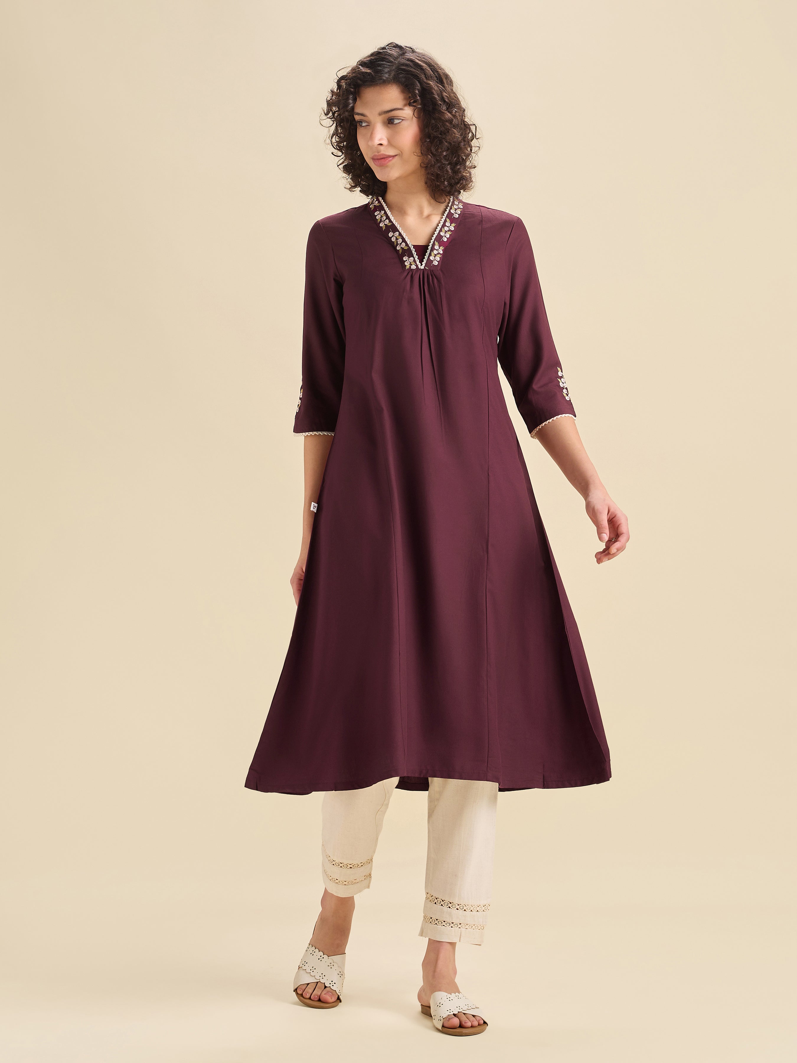 Maroon Viscose Plain Flared Center Panel Kurti With Embroidery