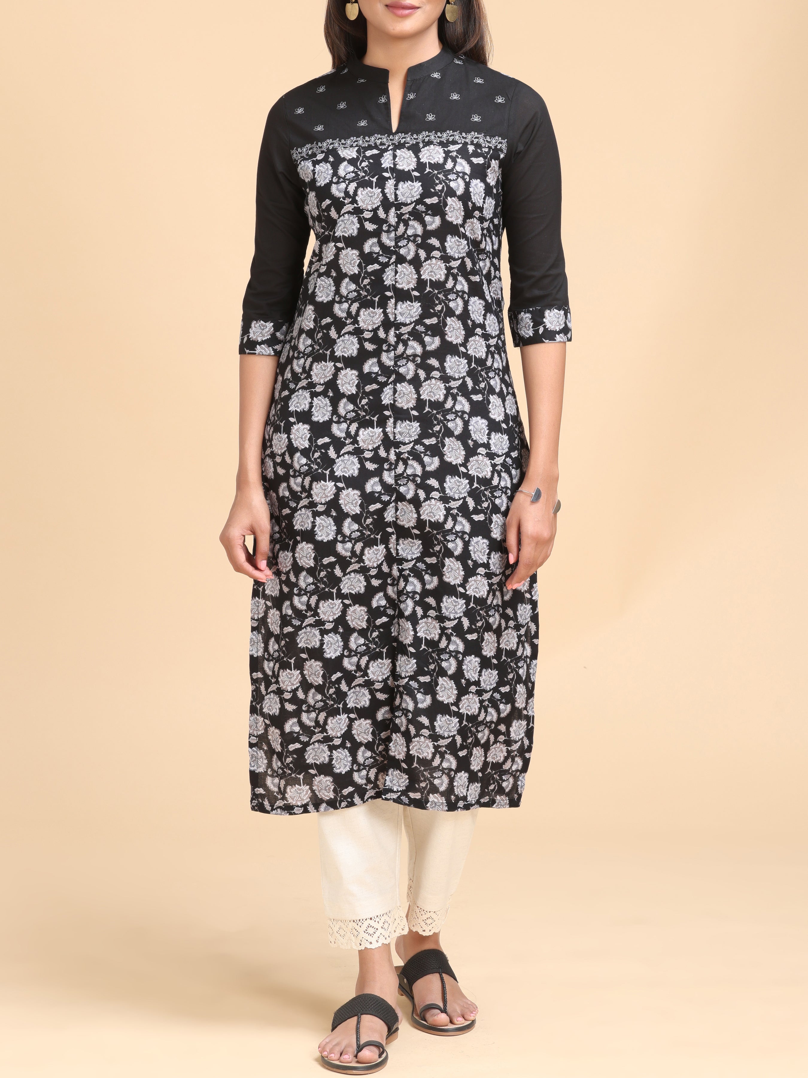 Black Pure Cotton Printed Kurti