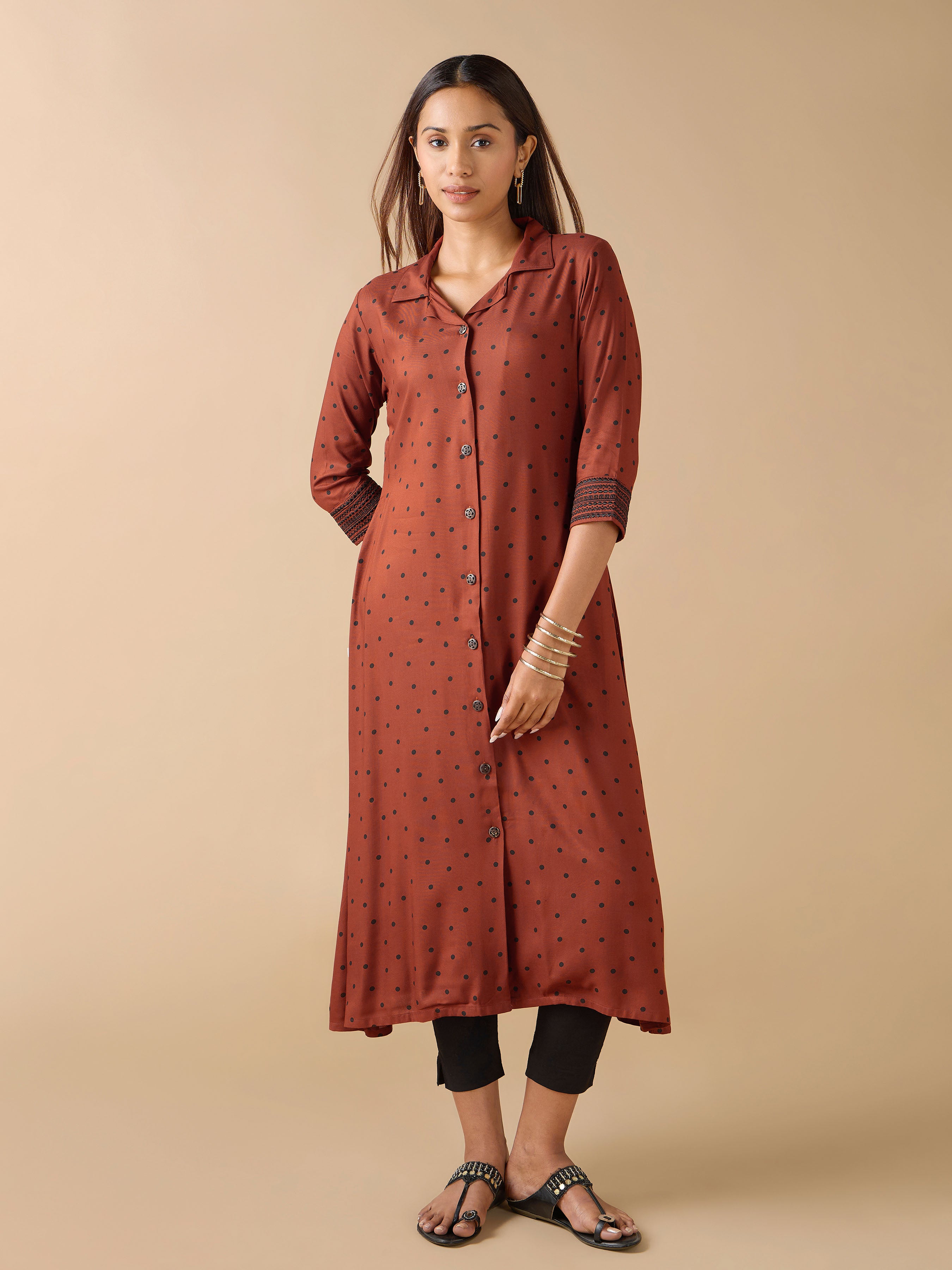 Brick red Viscose Printed Kurti With Embroidery