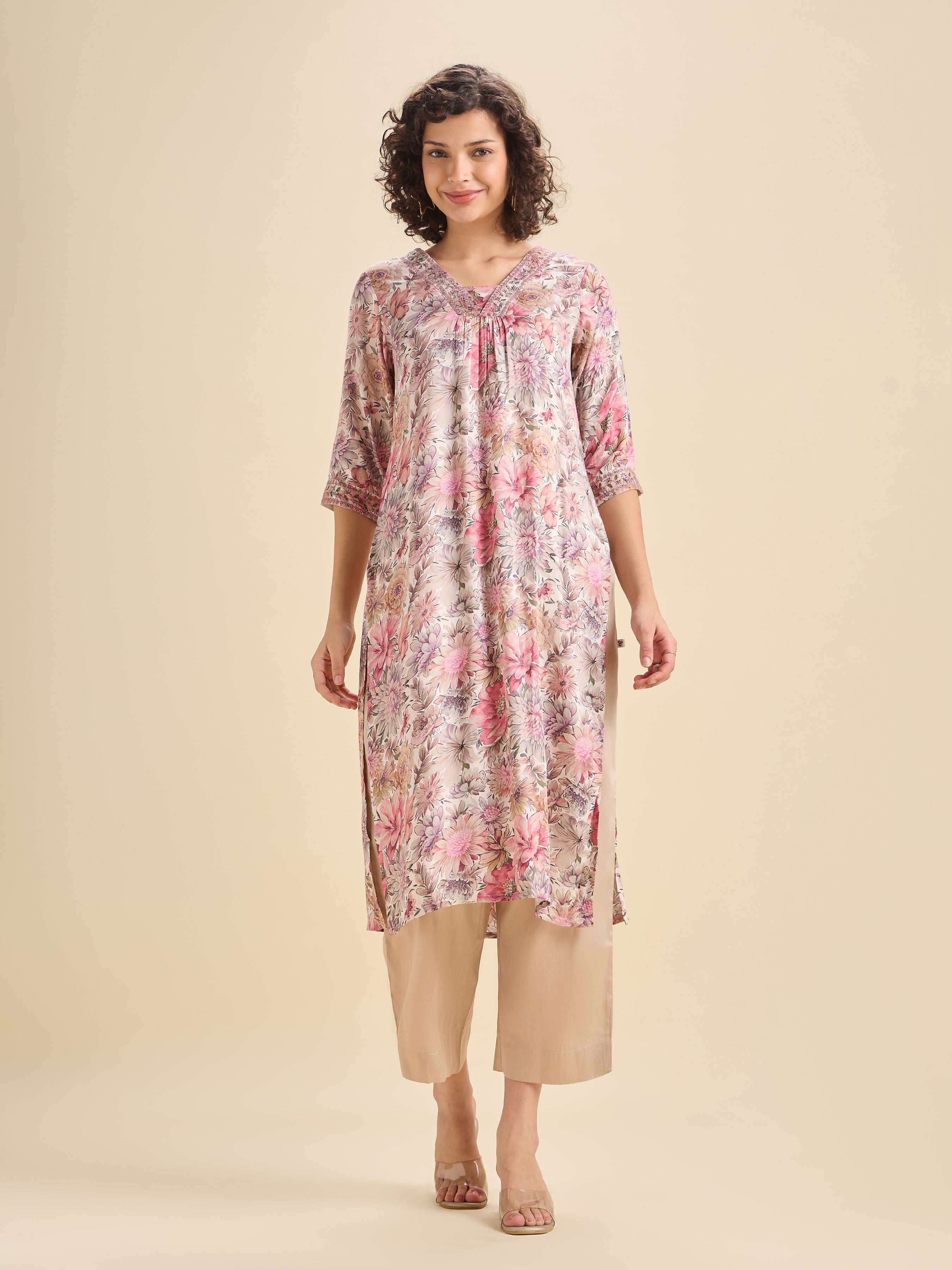 Ivory Multi Colour Modal Satin Printed Kurti With Embroidery