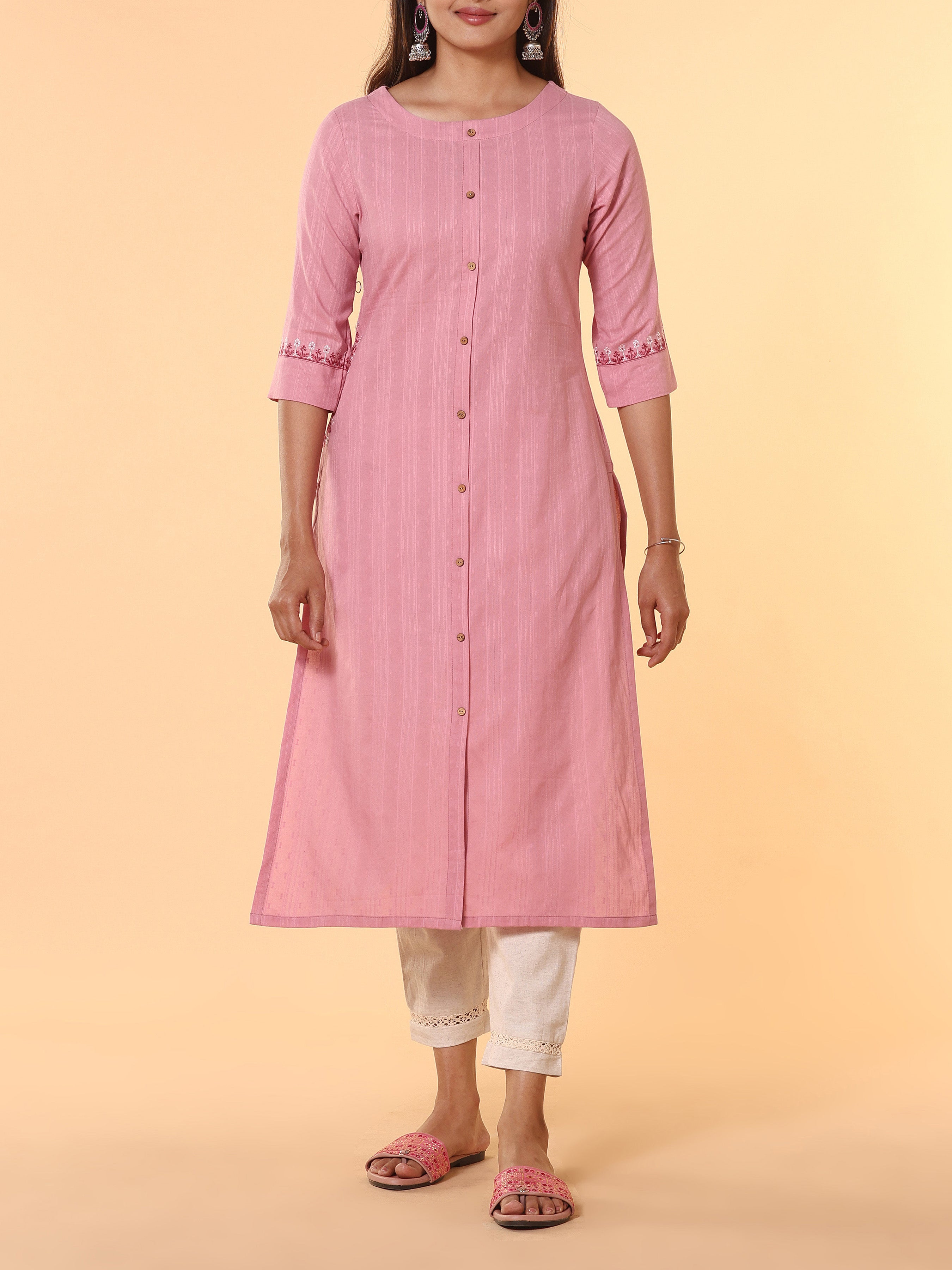 Pink Cotton Dobby Kurti With Embroidery