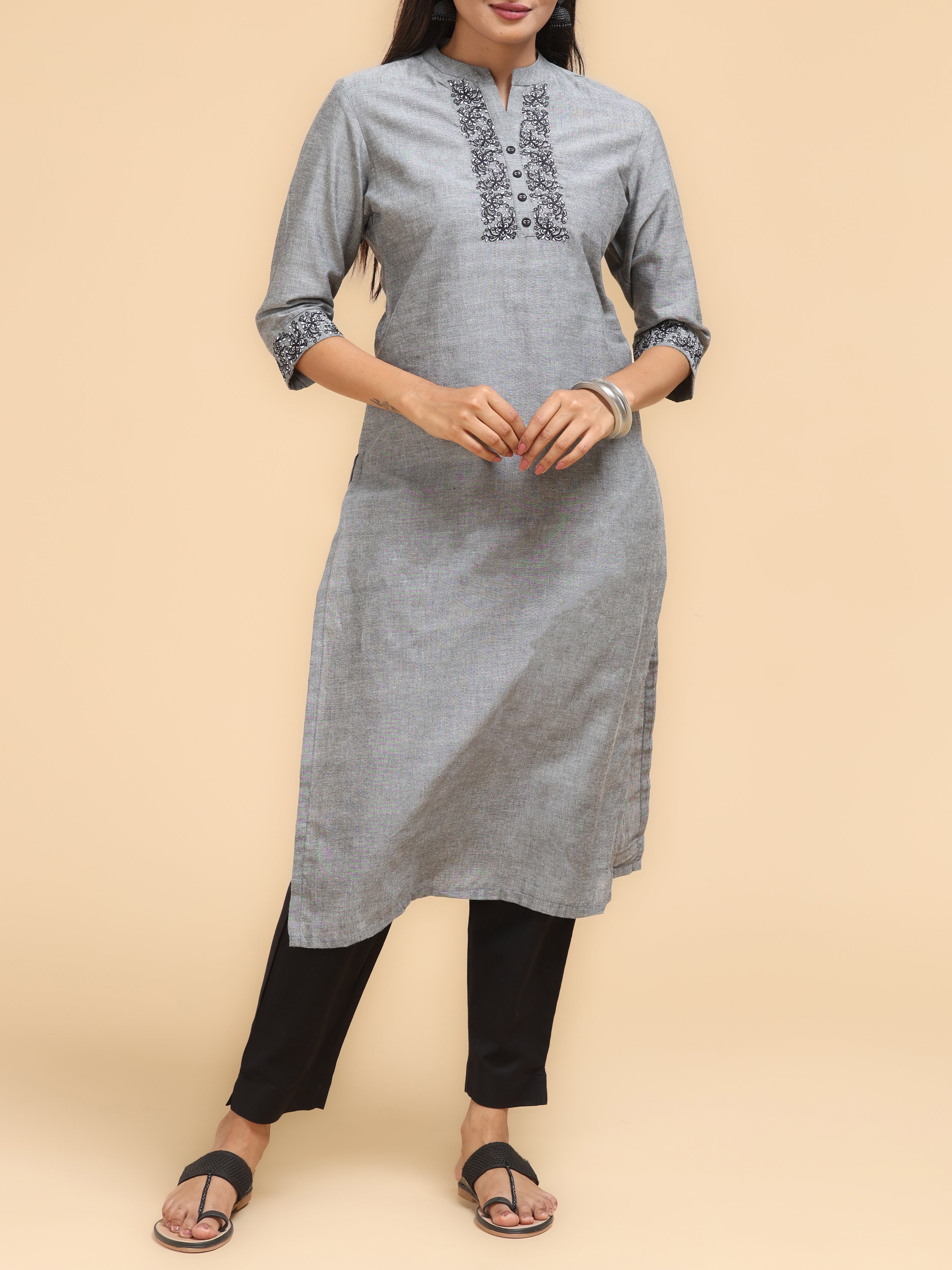 Grey Pure Cotton Kurti With Embroidery