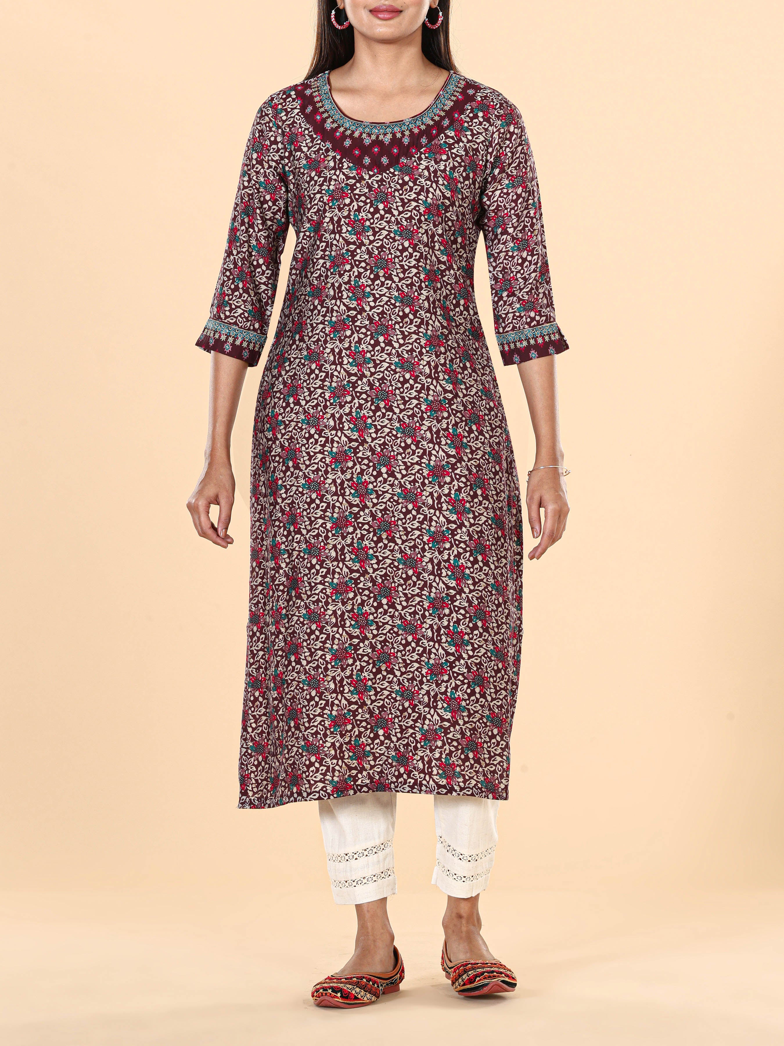 Maroon Modal Chanderi Printed Kurti With Embroidery