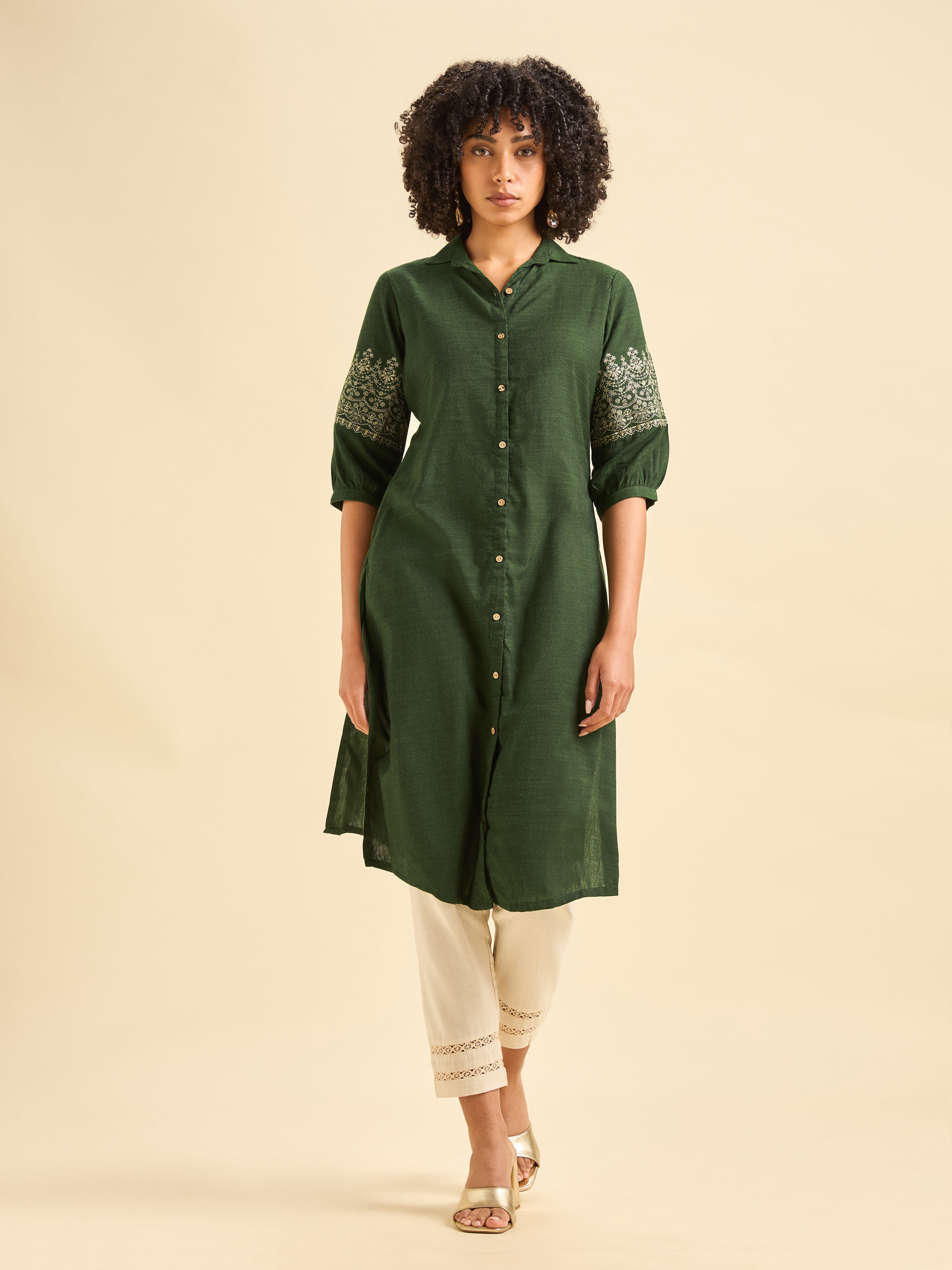 Olive Green Cotton Viscose Kurti With Embroidery