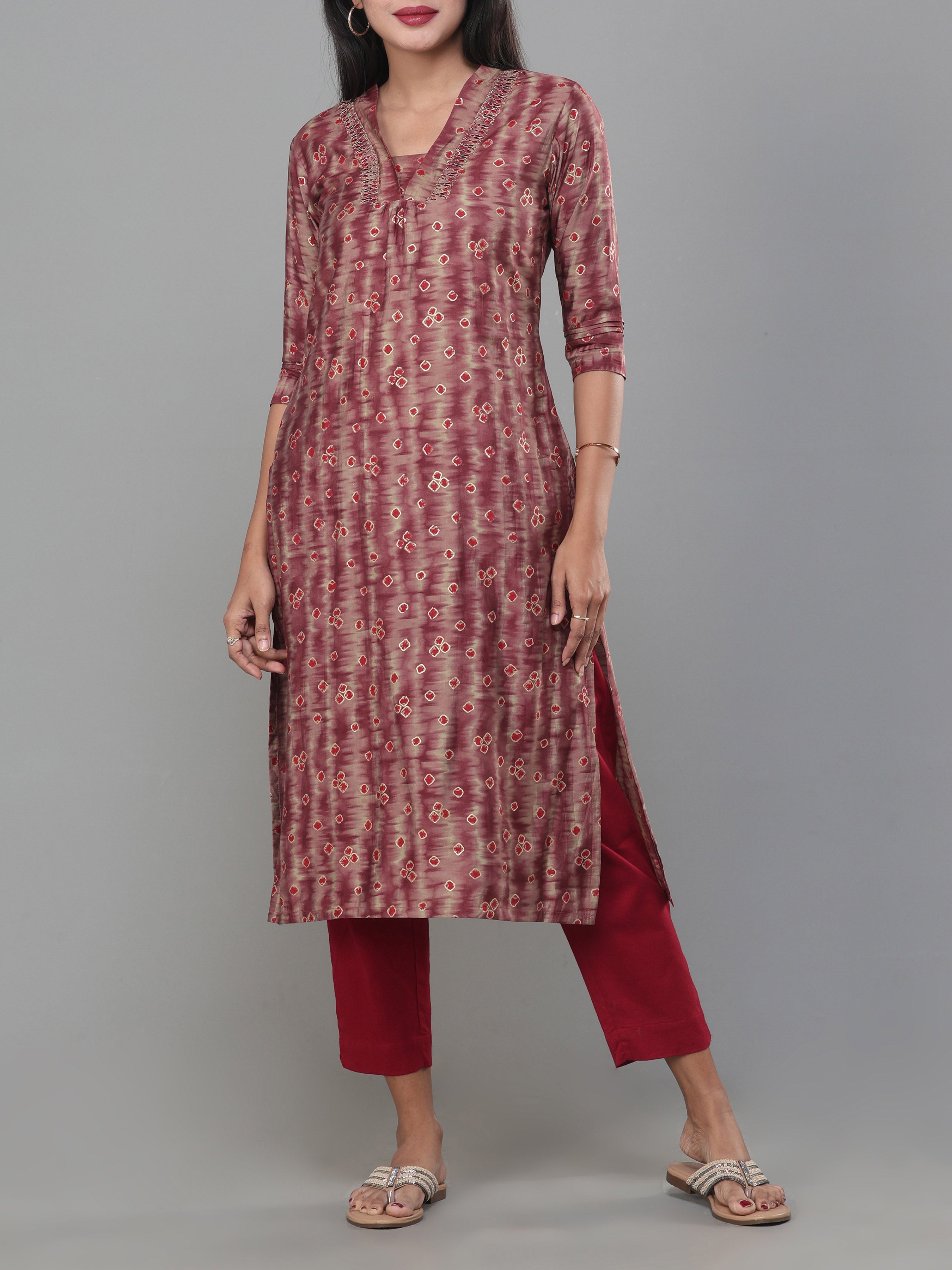 Meroon Modal Chanderi Kurti With Embroidery