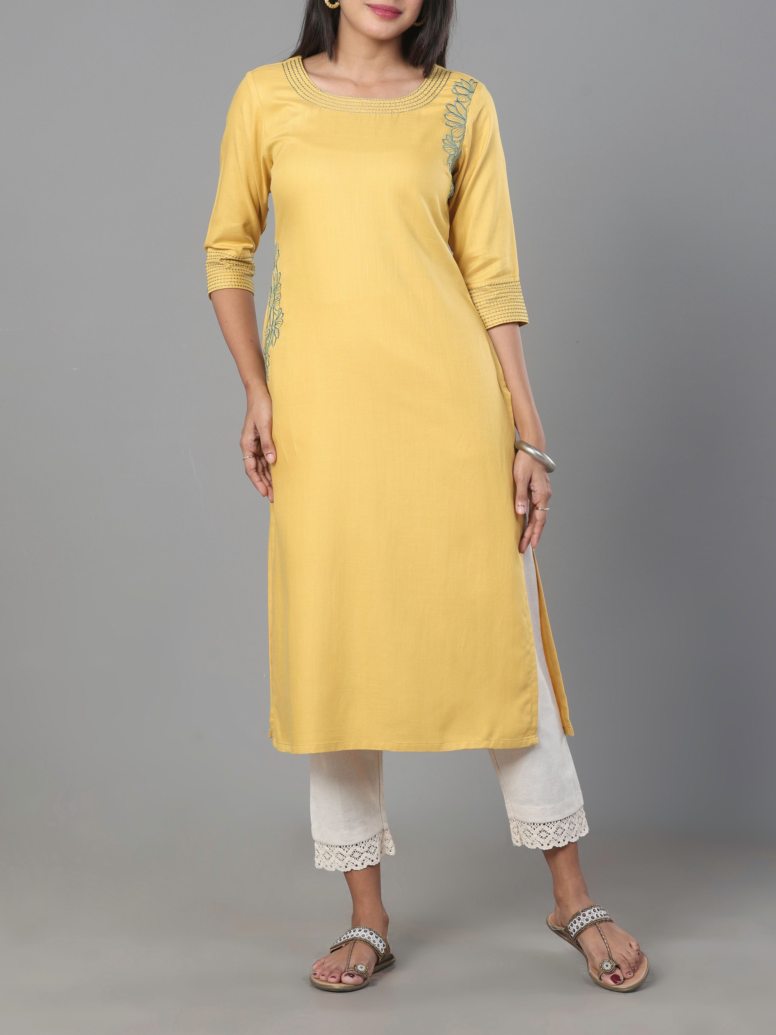 Yellow Viscose Twill Kurti With Embroidery