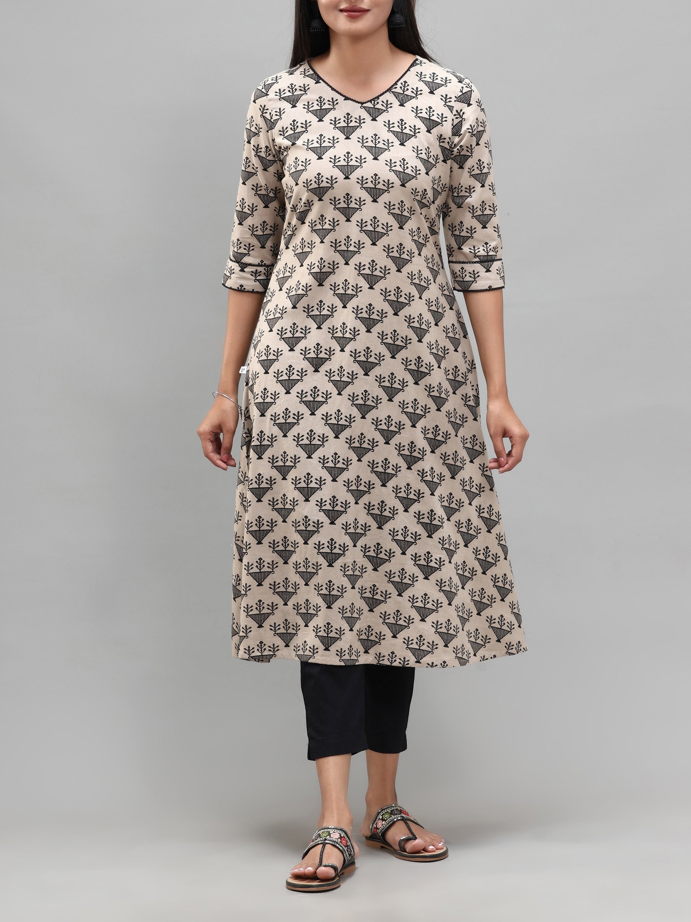 Beige Cotton Flax Printed Kurti With Lace Detailing