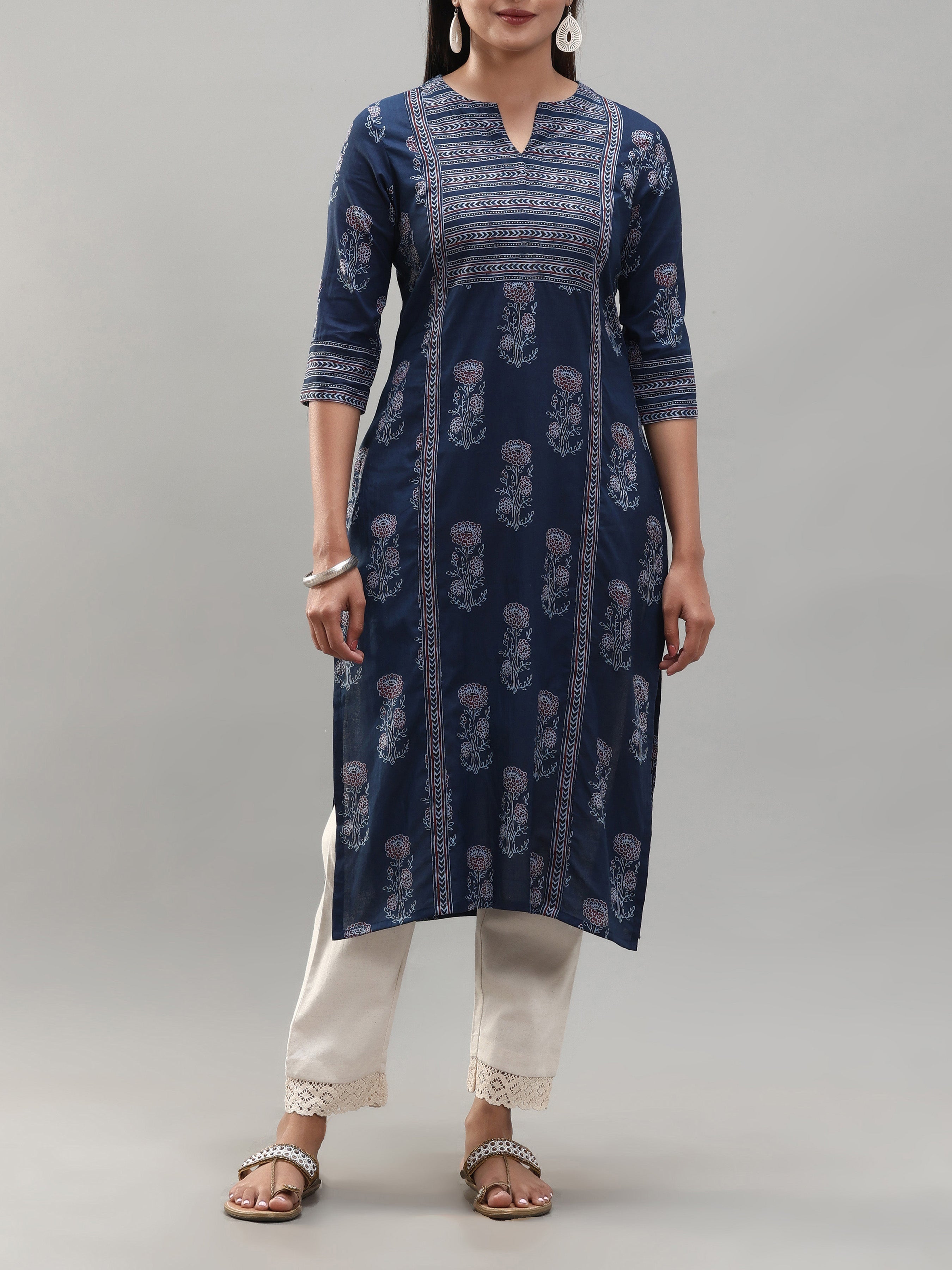 Navy Blue Pure Cotton Kurti With Print