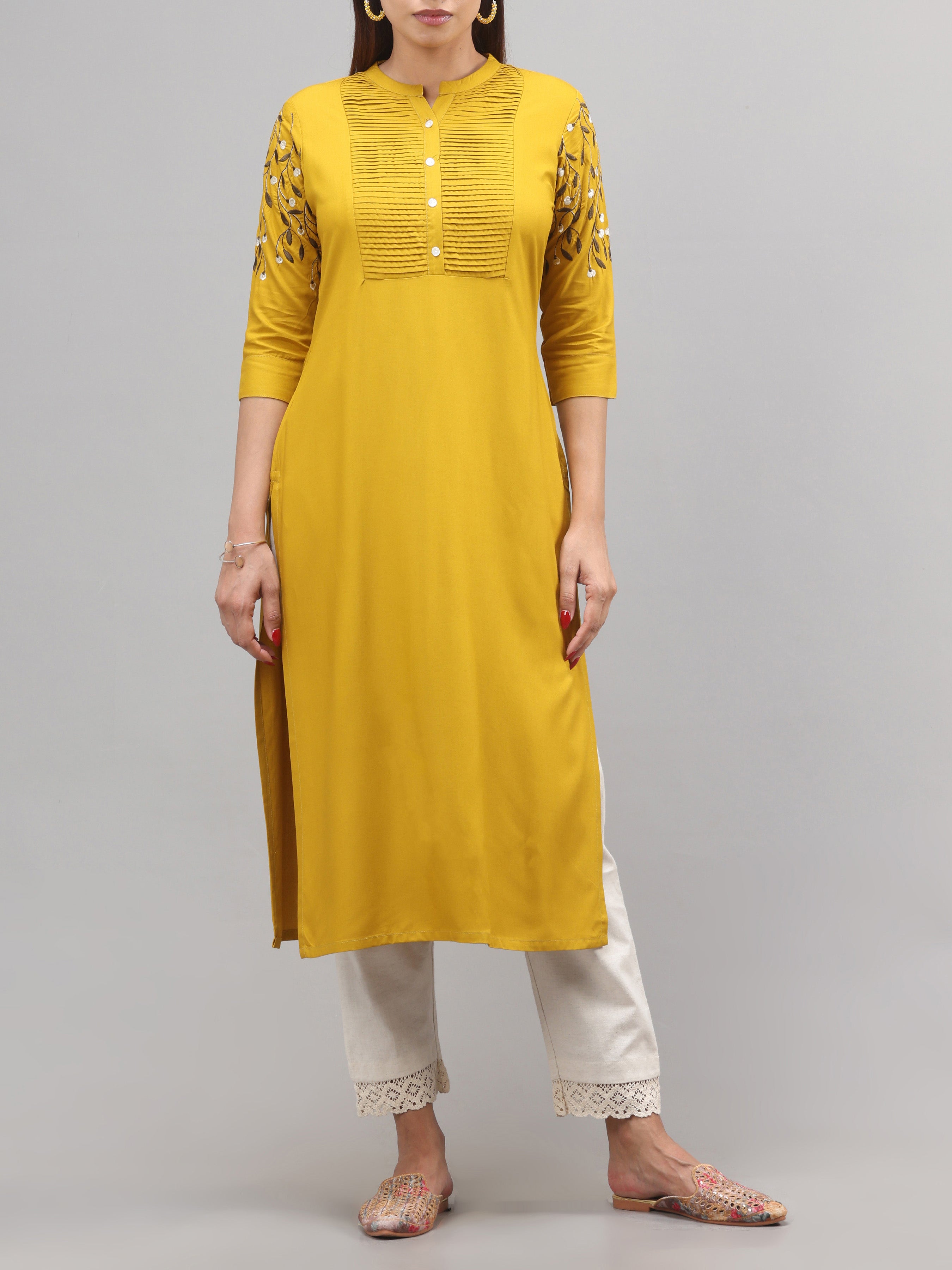 Mustard Yellow Viscose Kurti With Embroidery