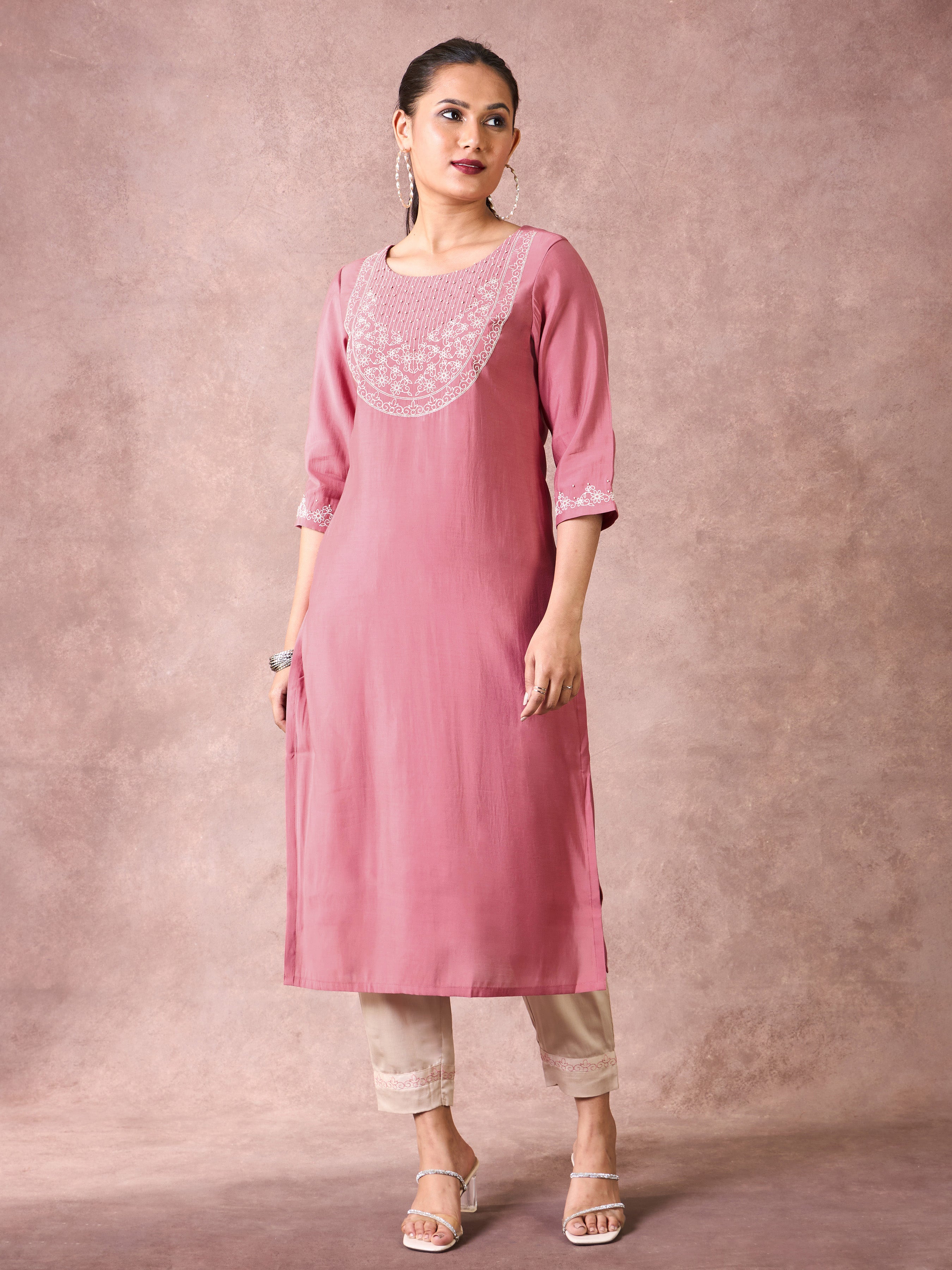 Onion Pink Viscose Blend Kurti & Bottom With Sequins Embroidery