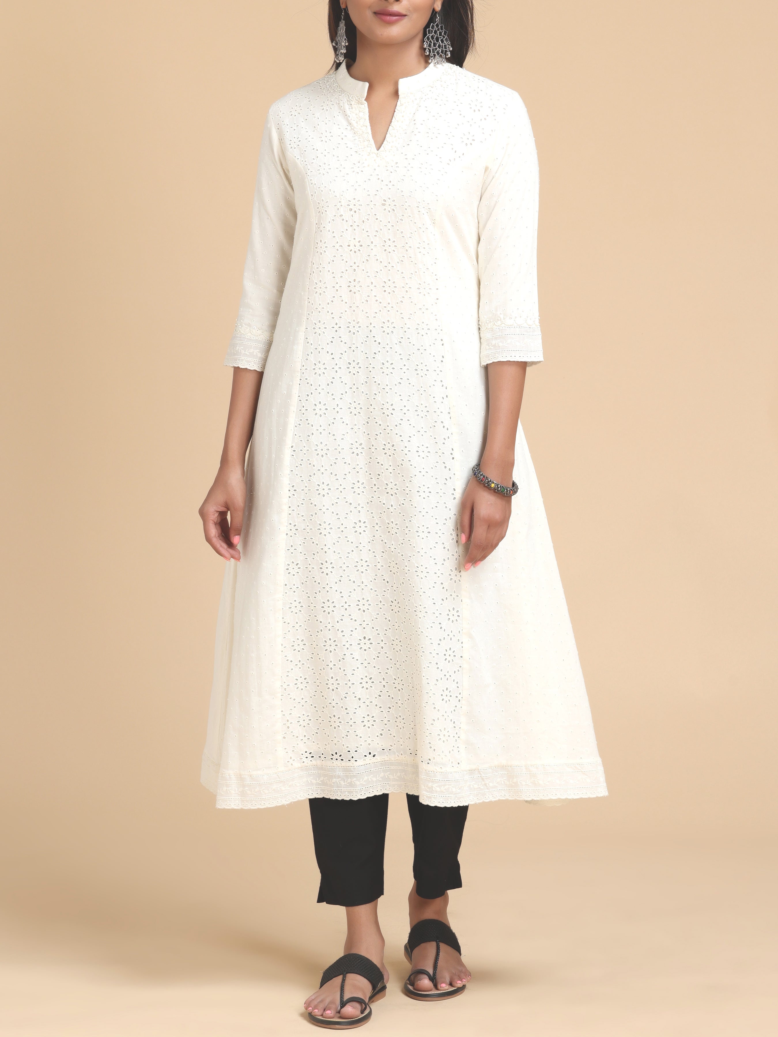 Ivory Schiffli Kurti With Handwork
