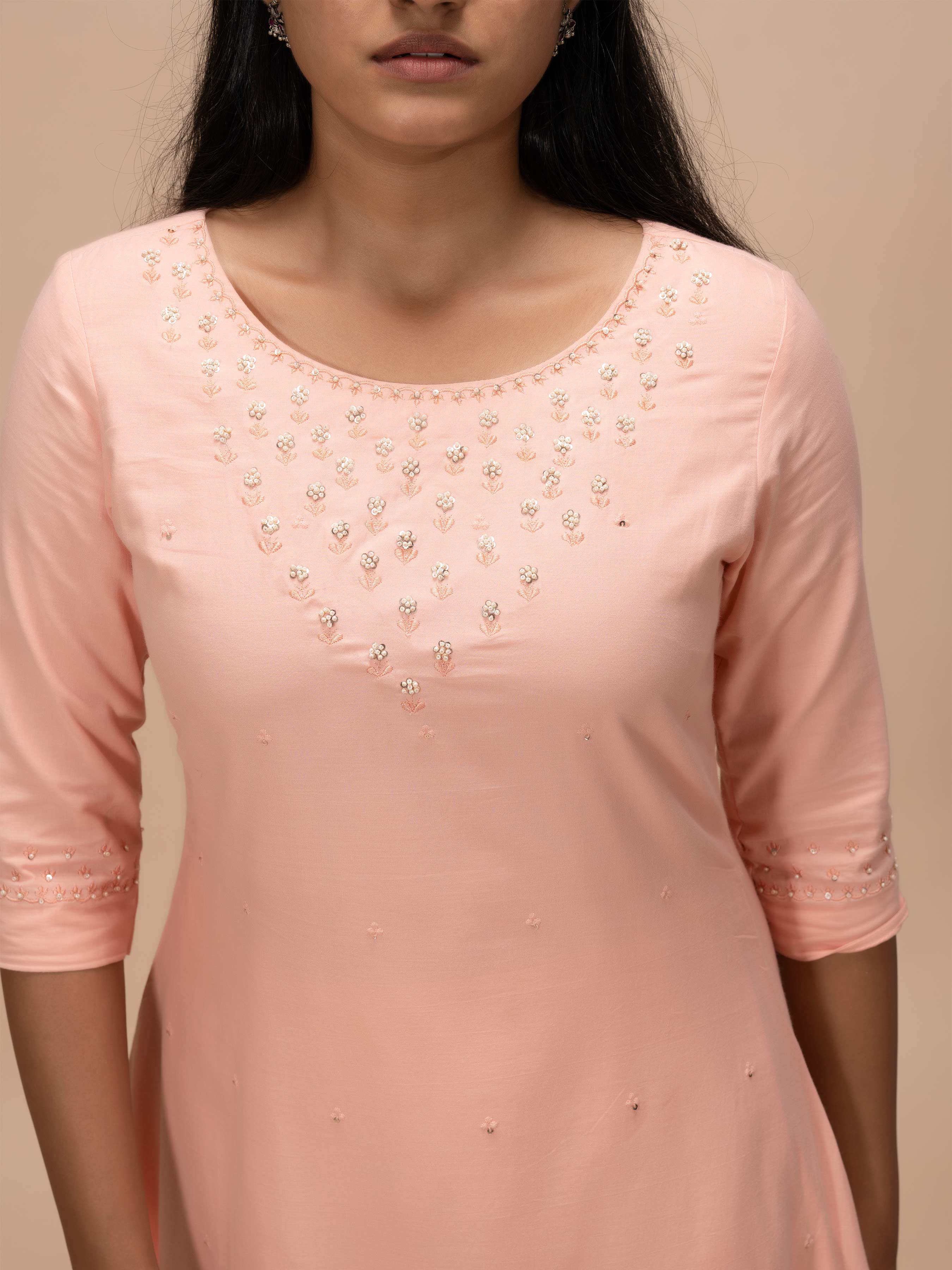 Peach Pure Cotton Kurti With Handwork