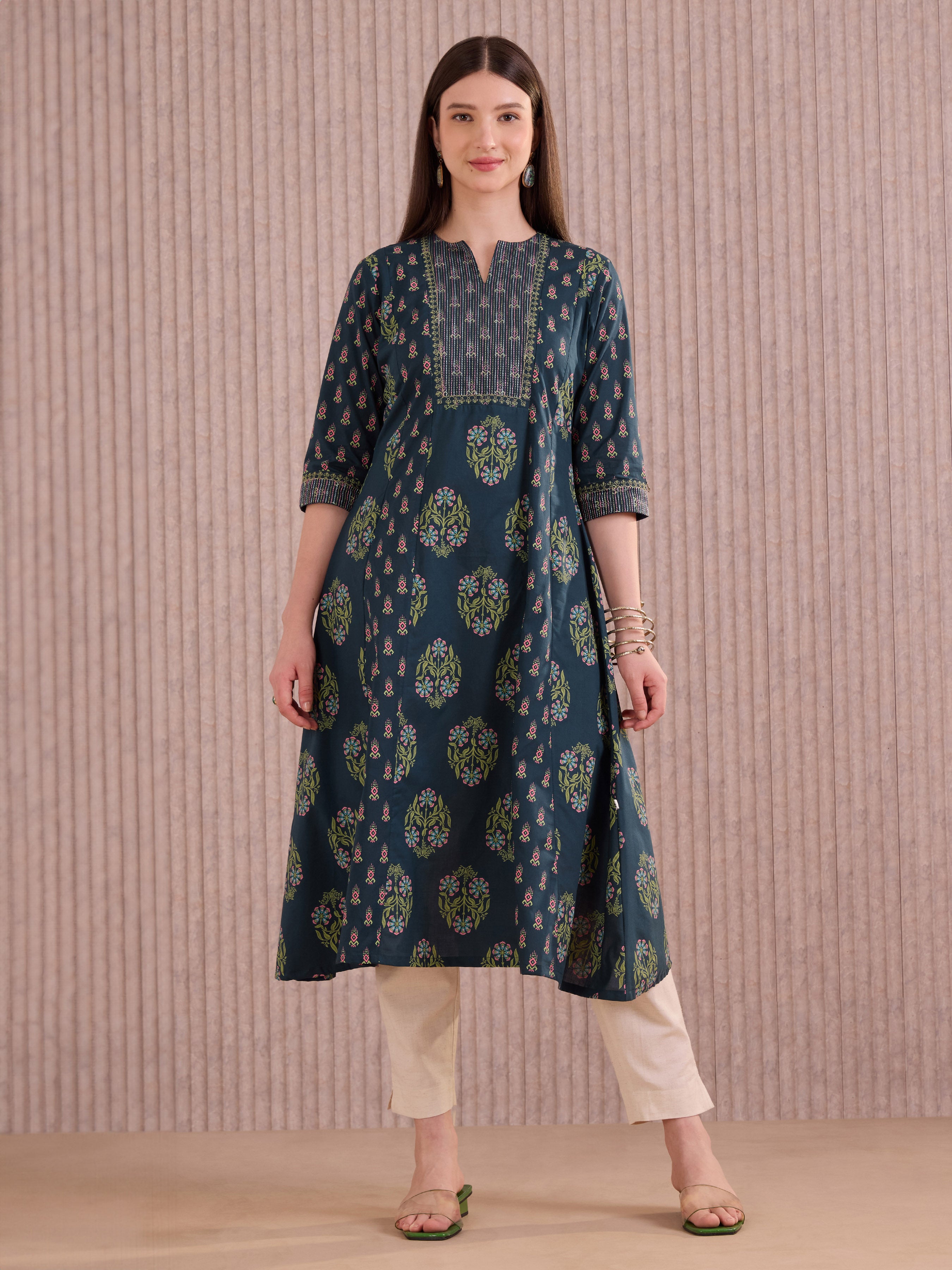Navy Blue Cotton Printed Flared Kali Cut Kurti With Embroidery