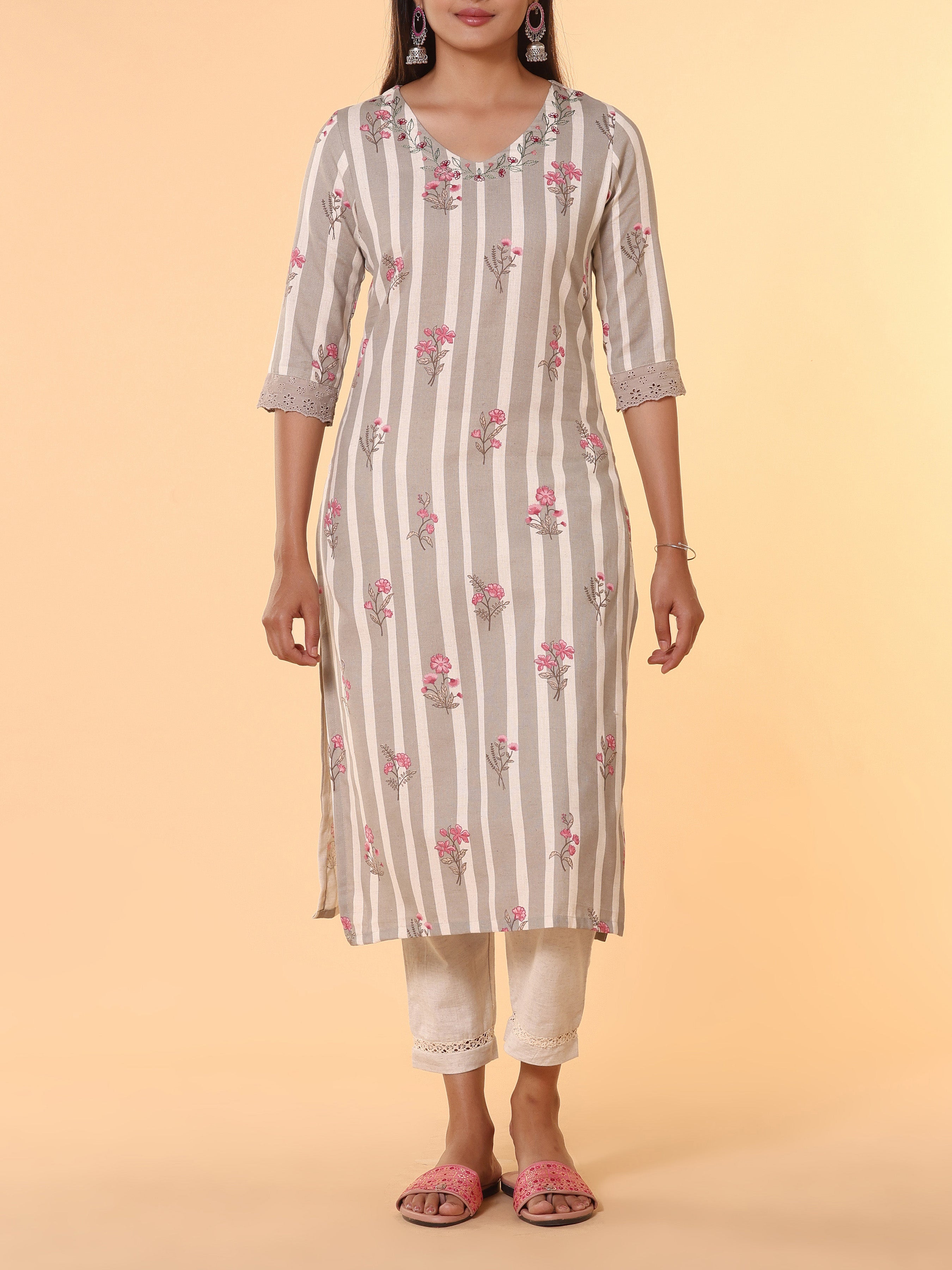 Multi Colour Cotton Flax Printed Kurti With Embroidery And Lace Detailing
